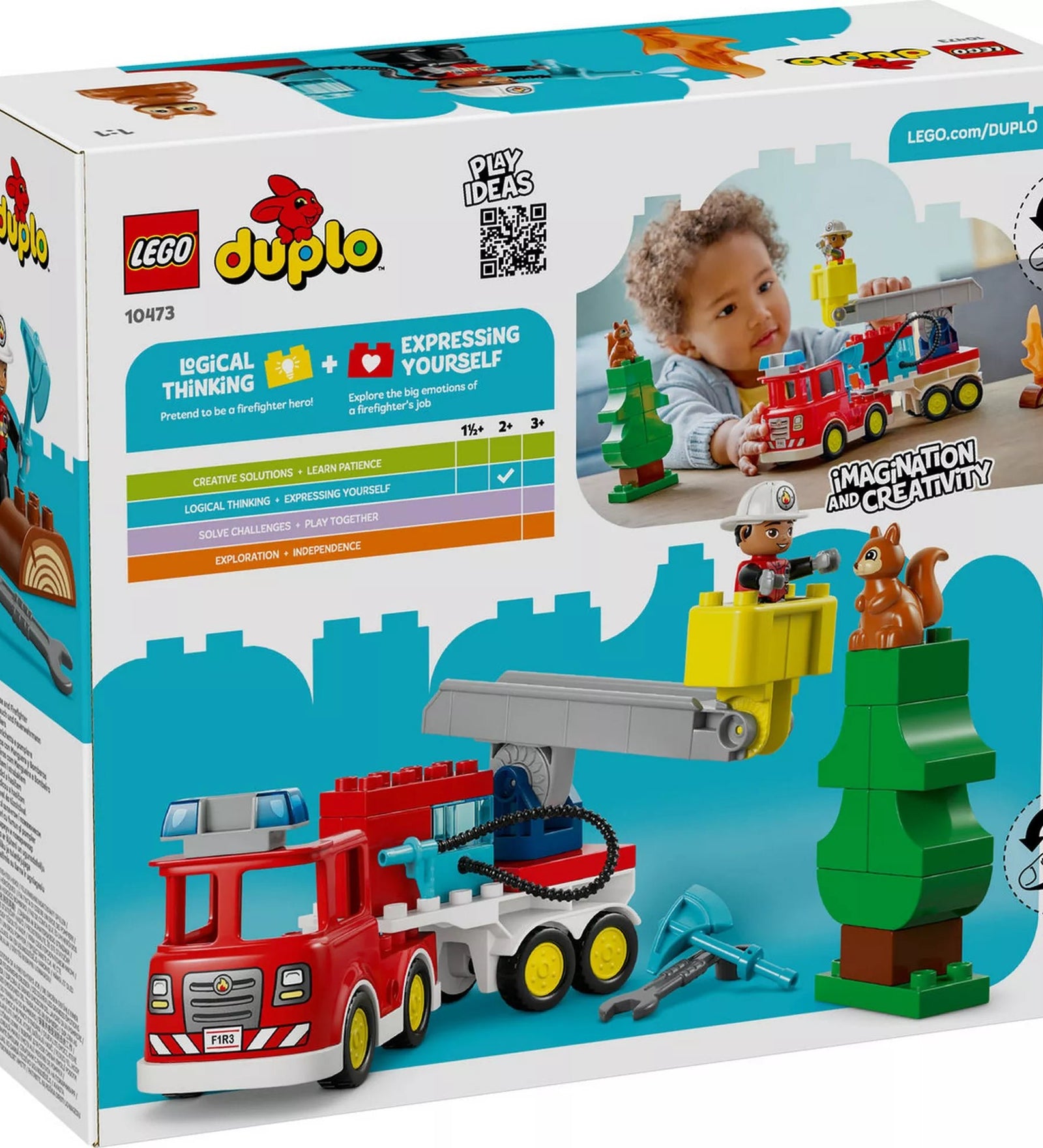 LEGO DUPLO Tűzoltóautó 10473 készlet hátoldala, a játék funkcióival, a mozgatható létrával, tömlővel, kiegészítő elemekkel és a szerepjáték lehetőségeit bemutató jelenetekkel.