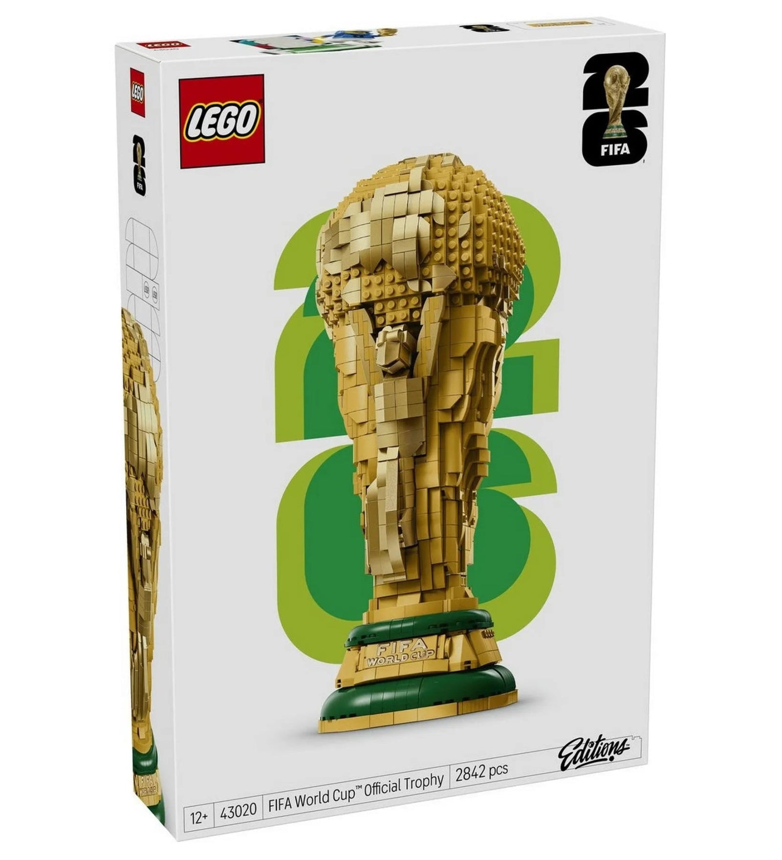 LEGO Editions: A FIFA labdarúgó-világbajnokság hivatalos trófeája, 43020, 2842 darabos készlet dobozképe a megépíthető arany világbajnoki trófea LEGO modelljével.