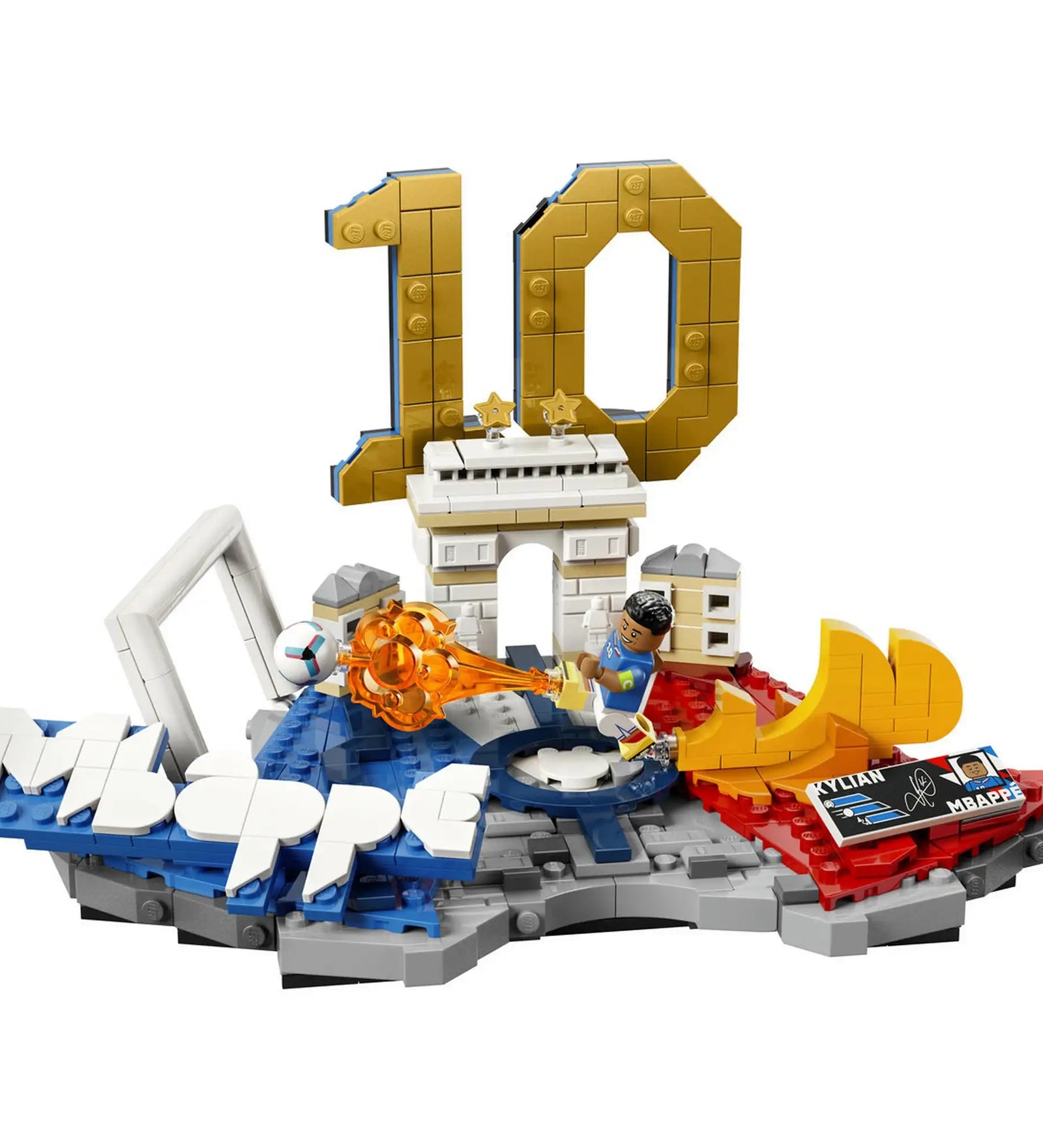 LEGO Editions: Kylian Mbappé A futball legjobb pillanatai 43013 megépített modell kapuval, labdával és arany 10-es számmal.