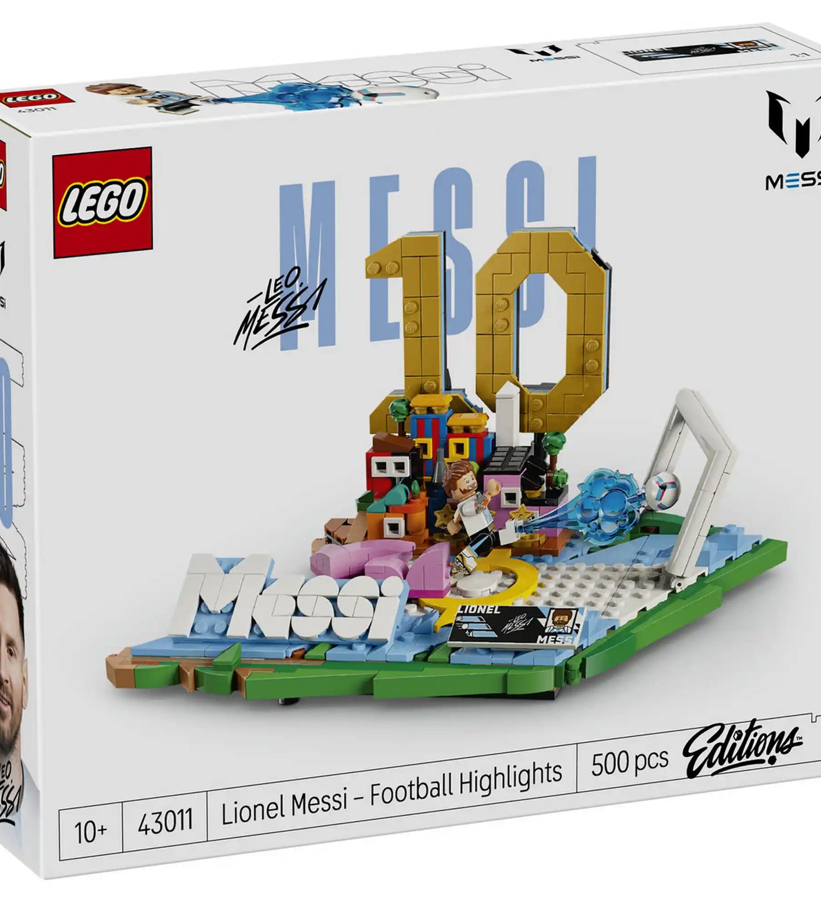 LEGO Lionel Messi 43011 készlet doboz elölnézet, Messi jelenet, 10-es szám és stadion alap