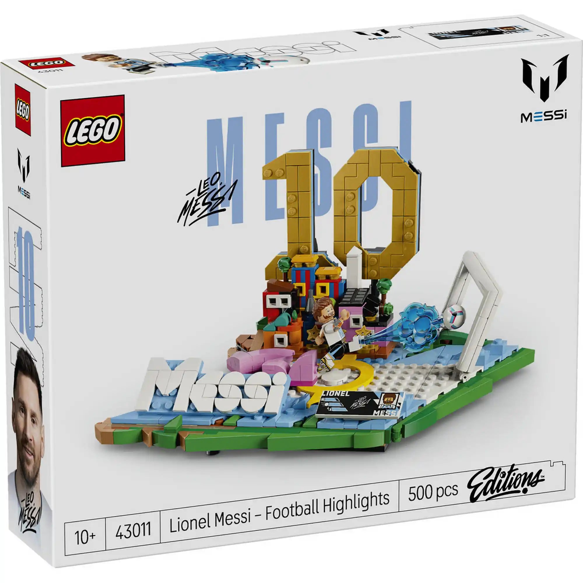 LEGO Lionel Messi 43011 készlet doboz elölnézet, Messi jelenet, 10-es szám és stadion alap