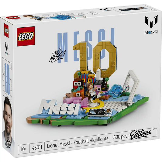 LEGO Lionel Messi 43011 készlet doboz elölnézet, Messi jelenet, 10-es szám és stadion alap
