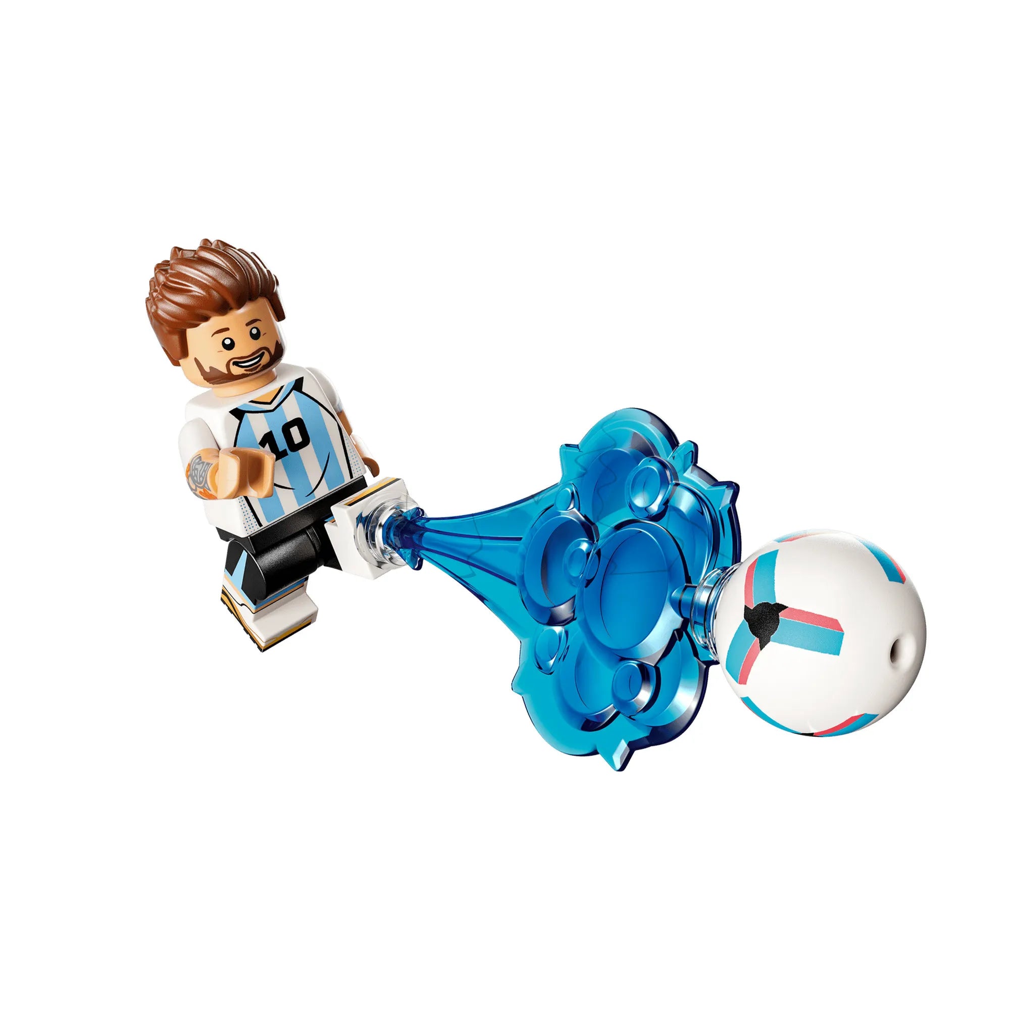 LEGO Lionel Messi minifigura akció közben, kék lövési effekt elemmel és focilabdával, Messi 10-es argentin mezben