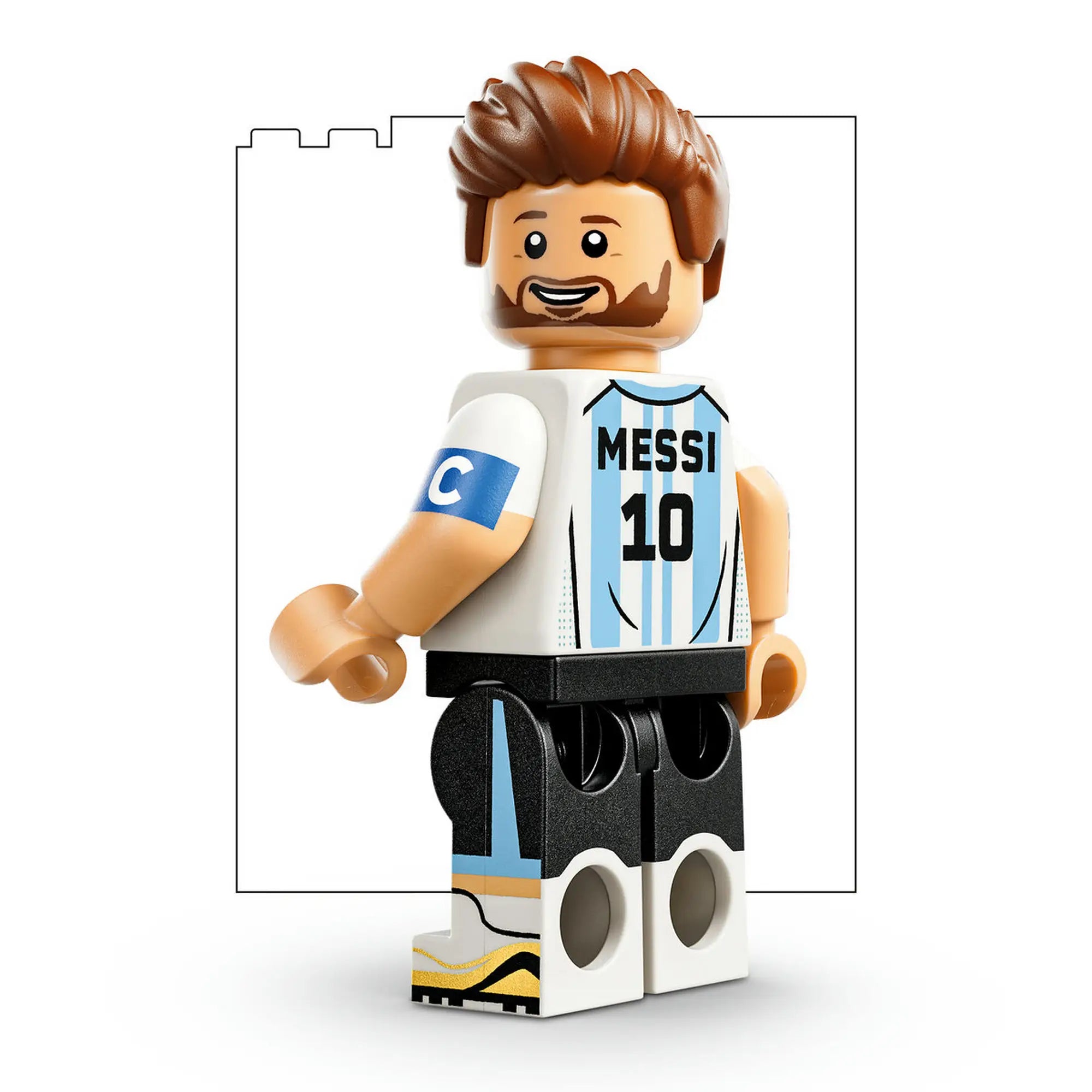 LEGO Lionel Messi minifigura részletesen, argentin mezben, kapitányi karszalaggal és 10-es számmal