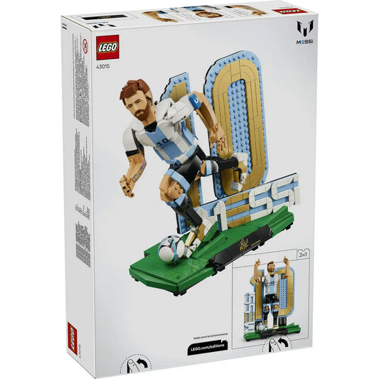 LEGO Lionel Messi – Futball-legenda (43015) hátoldali dobozkép, amely bemutatja a készlet alternatív futópózos építési lehetőségét és a 2 az 1-ben kialakítást.