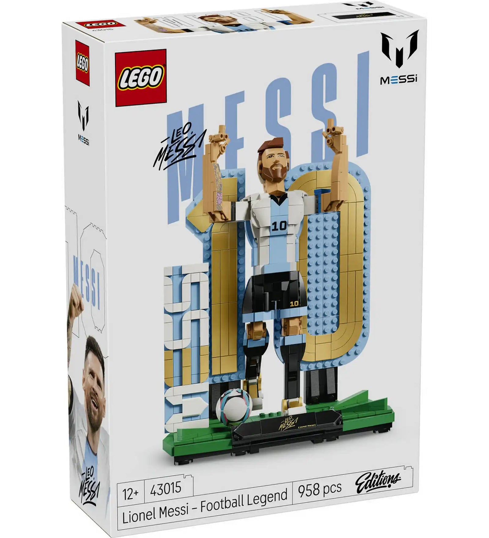 LEGO Editions Lionel Messi – Futball-legenda (43015) dobozképe, amely Lionel Messi ünneplő pózban megjelenő építhető figuráját mutatja az ikonikus 10-es szám előtt, argentin válogatott mezben.