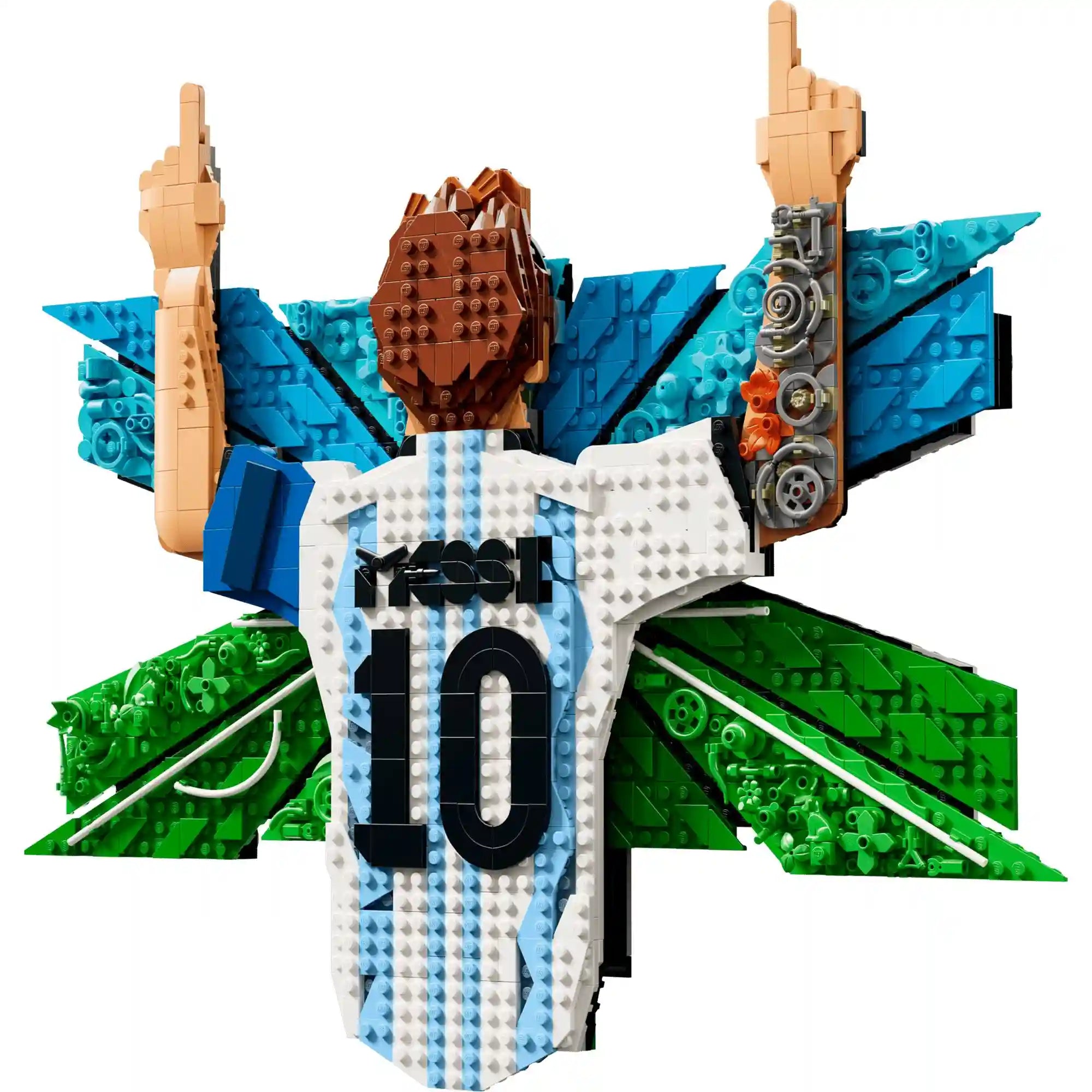 LEGO Lionel Messi – Gólöröm (43018) teljes, összeépített faldekoráció, amely Messi hátulról látható ünneplő alakját ábrázolja az argentin válogatott 10-es mezében.