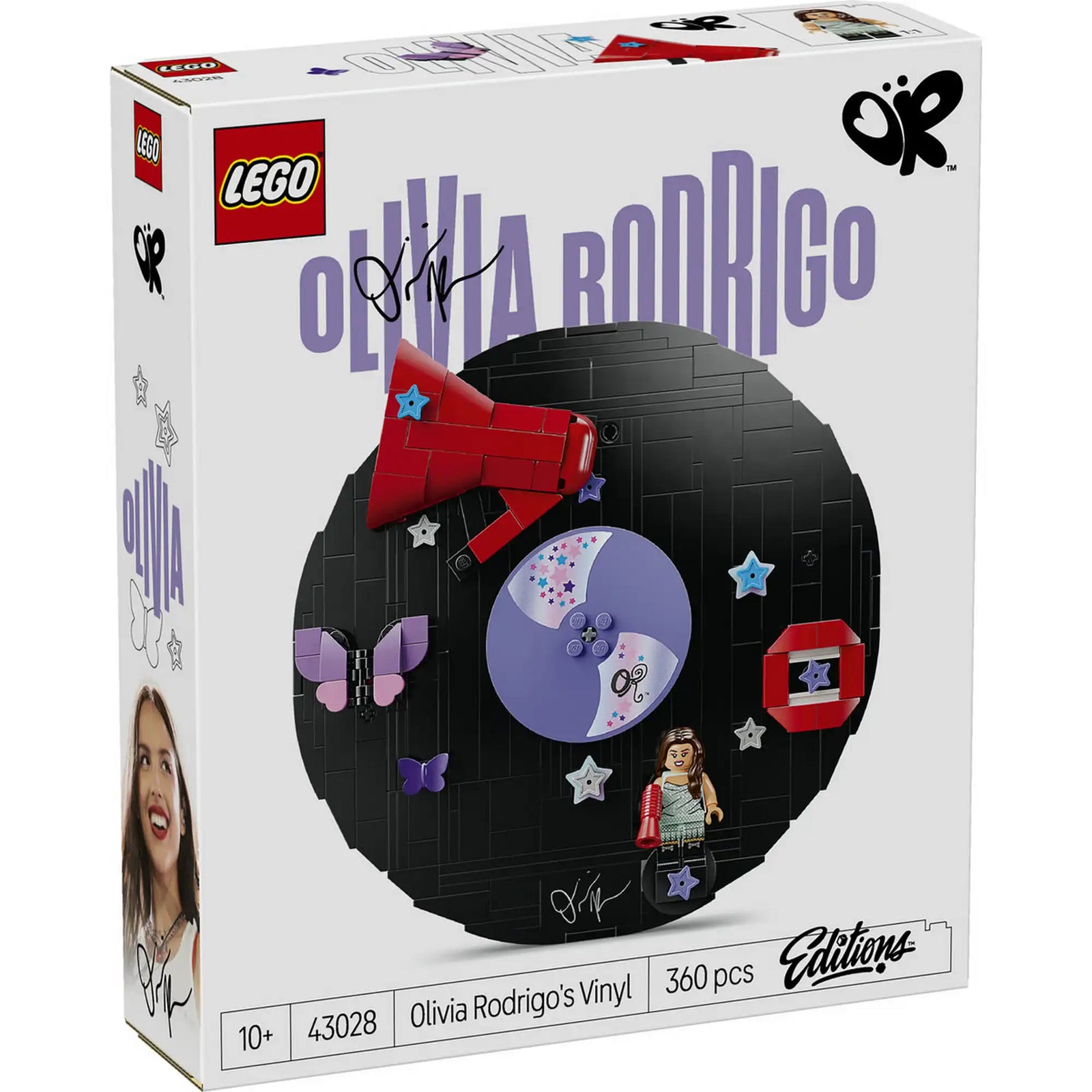 LEGO Editions: Olivia Rodrigo bakelitlemez 43028, 360 darabos – A LEGO készlet doboza az Olivia Rodrigo ihlette bakelitlemez-modellel.