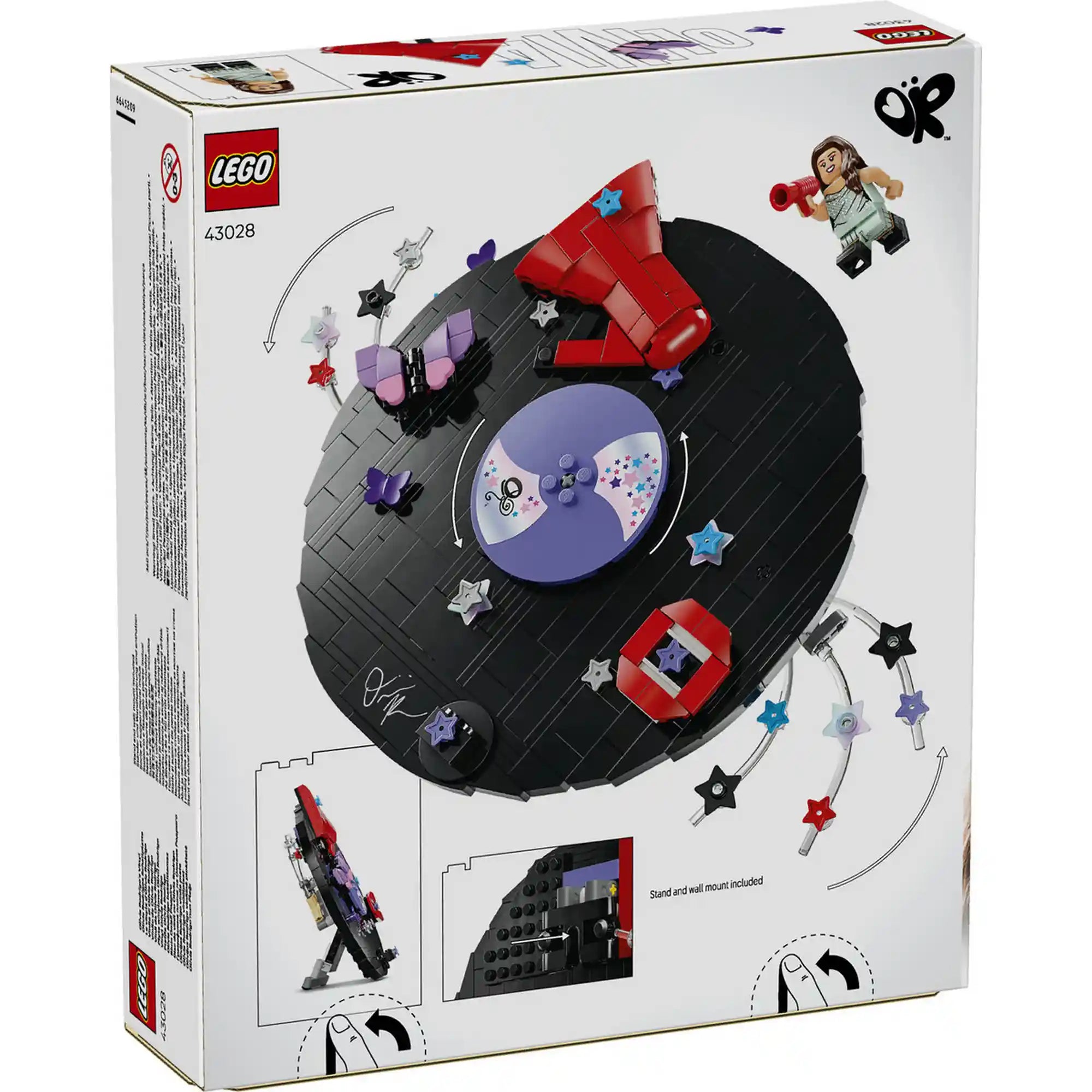 LEGO Editions: Olivia Rodrigo bakelitlemez 43028, 360 darabos – A LEGO készlet dobozának hátoldala a modell funkcióival és kiállítási lehetőségeivel.