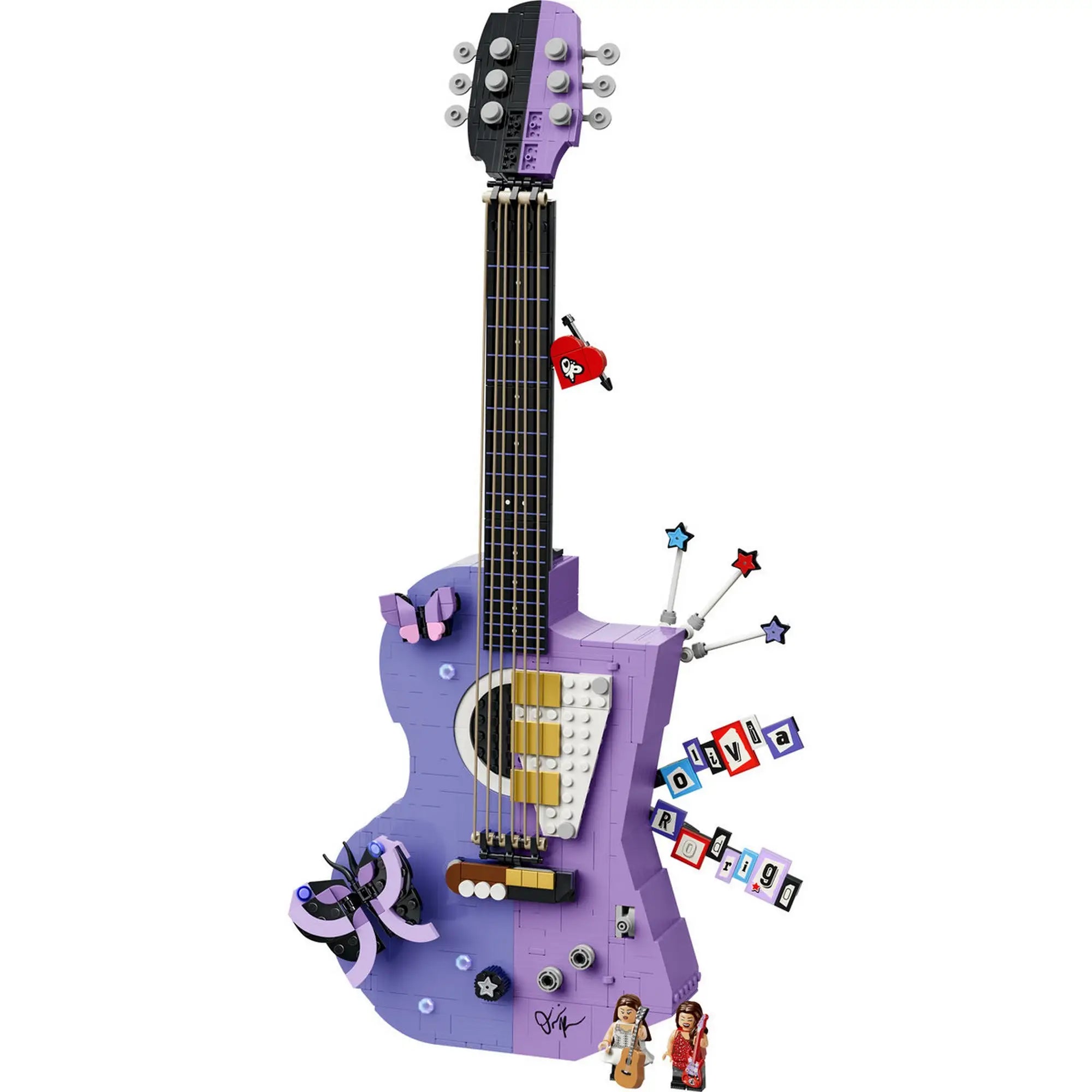 LEGO Editions Olivia Rodrigo kétszínű gitárja 43031 megépített lila gitármodell két minifigurával