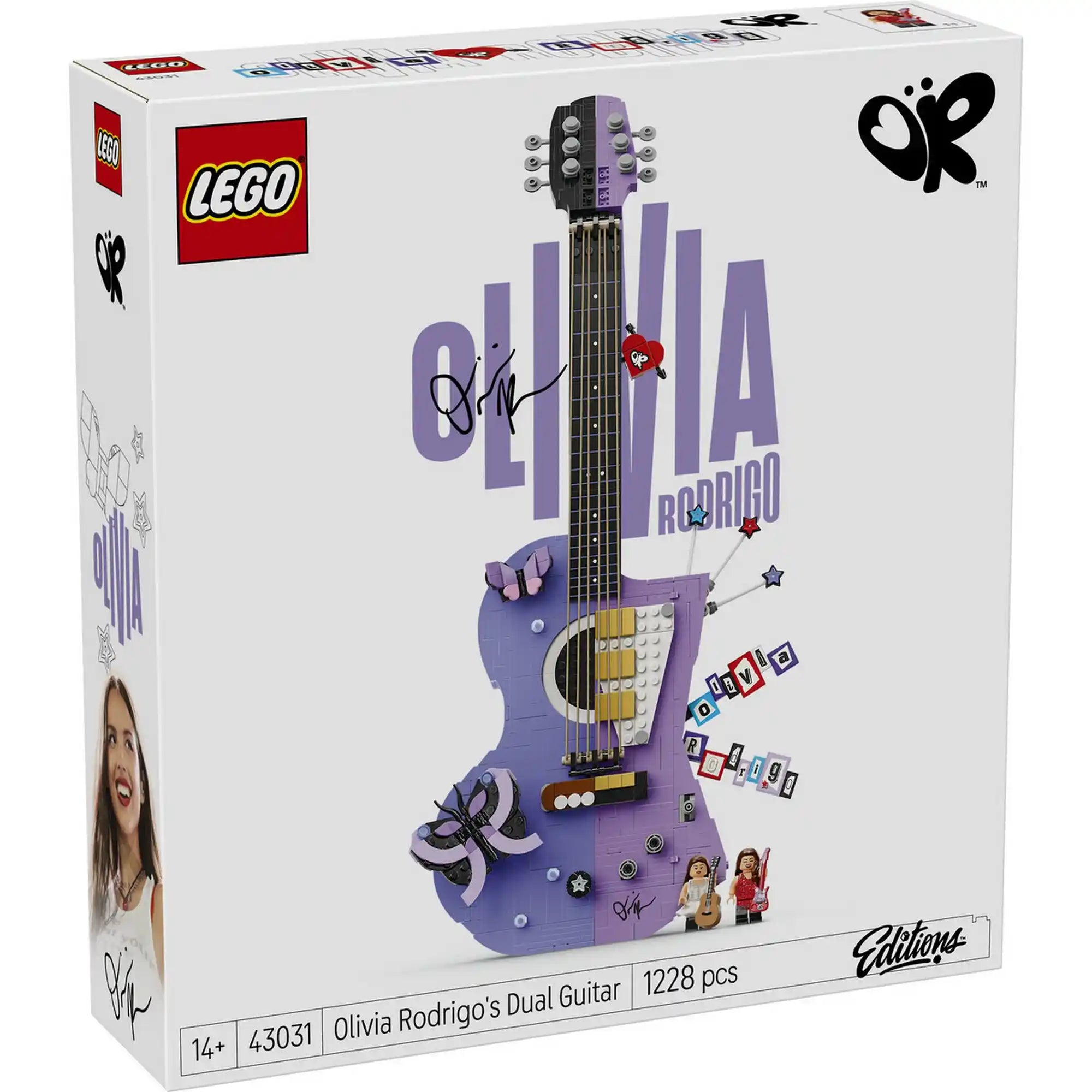 LEGO Editions Olivia Rodrigo kétszínű gitárja 43031, 1228 darabos készlet doboza