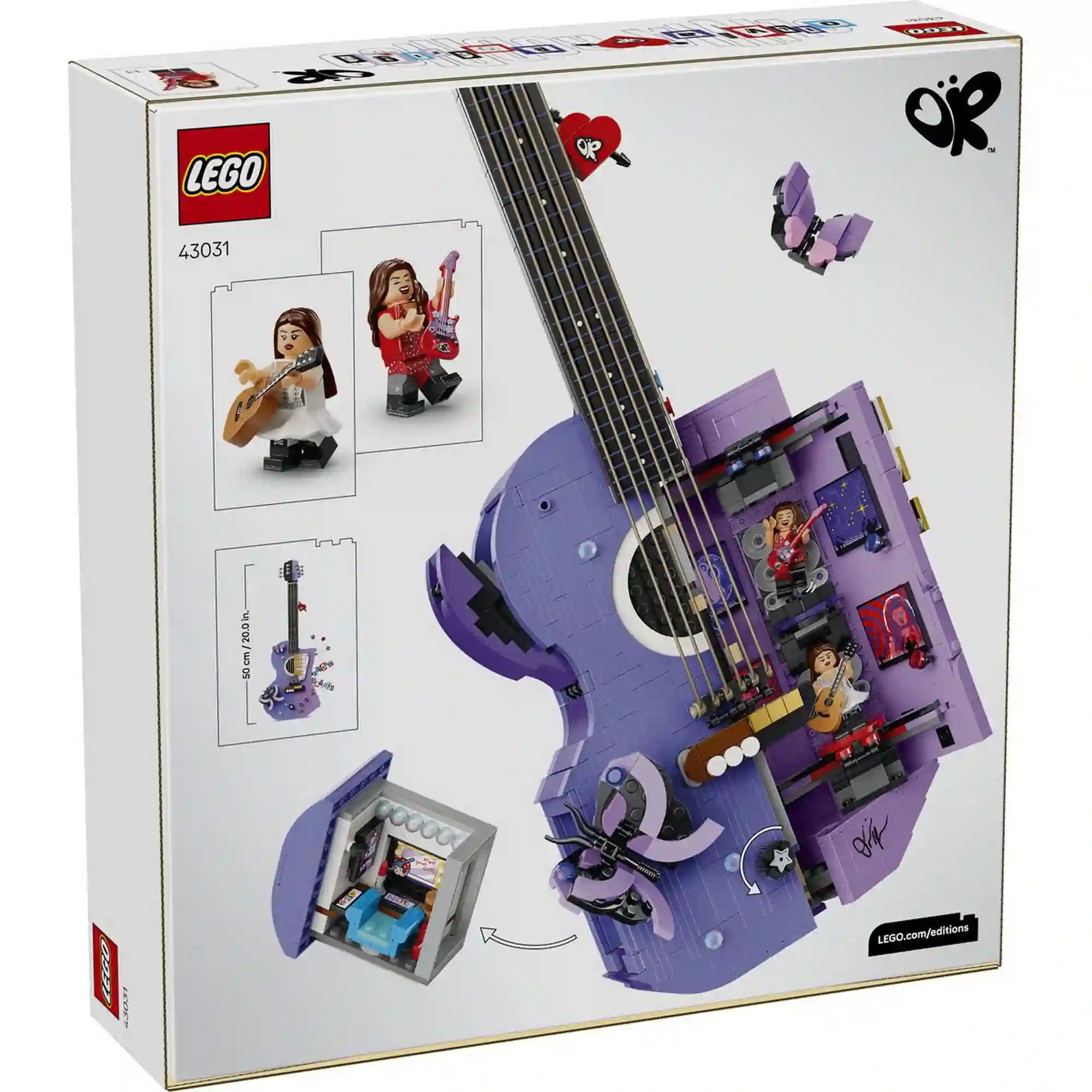 LEGO Olivia Rodrigo kétszínű gitárja 43031 dobozának hátoldala a kinyitható gitár részleteivel