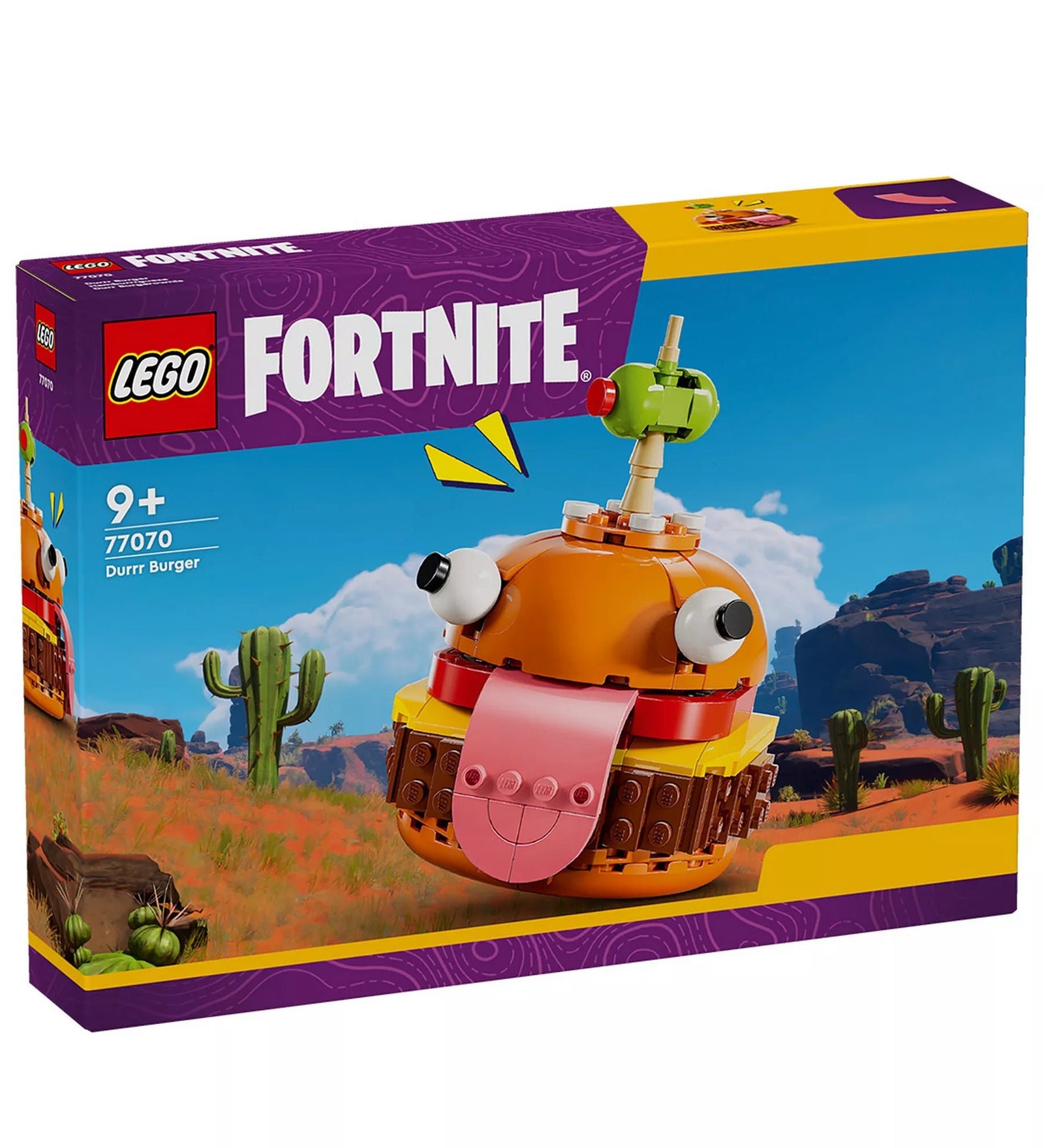 A LEGO Fortnite: Durrr Burger (77070) doboza, amelyen a híres, vicces arcú hamburgerfigura látható olívával a tetején. A háttérben sivatagos Fortnite-táj látható, a dobozon a 9+ korosztály és a 193 darabos jelölés is szerepel.