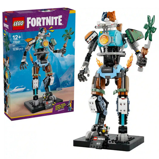 LEGO® Fortnite® KIT (77081) készlet doboza és megépített robotfigurája, a Fortnite videojátékból ismert KIT karakterrel, Power Claw csákánnyal és kiállító talppal.