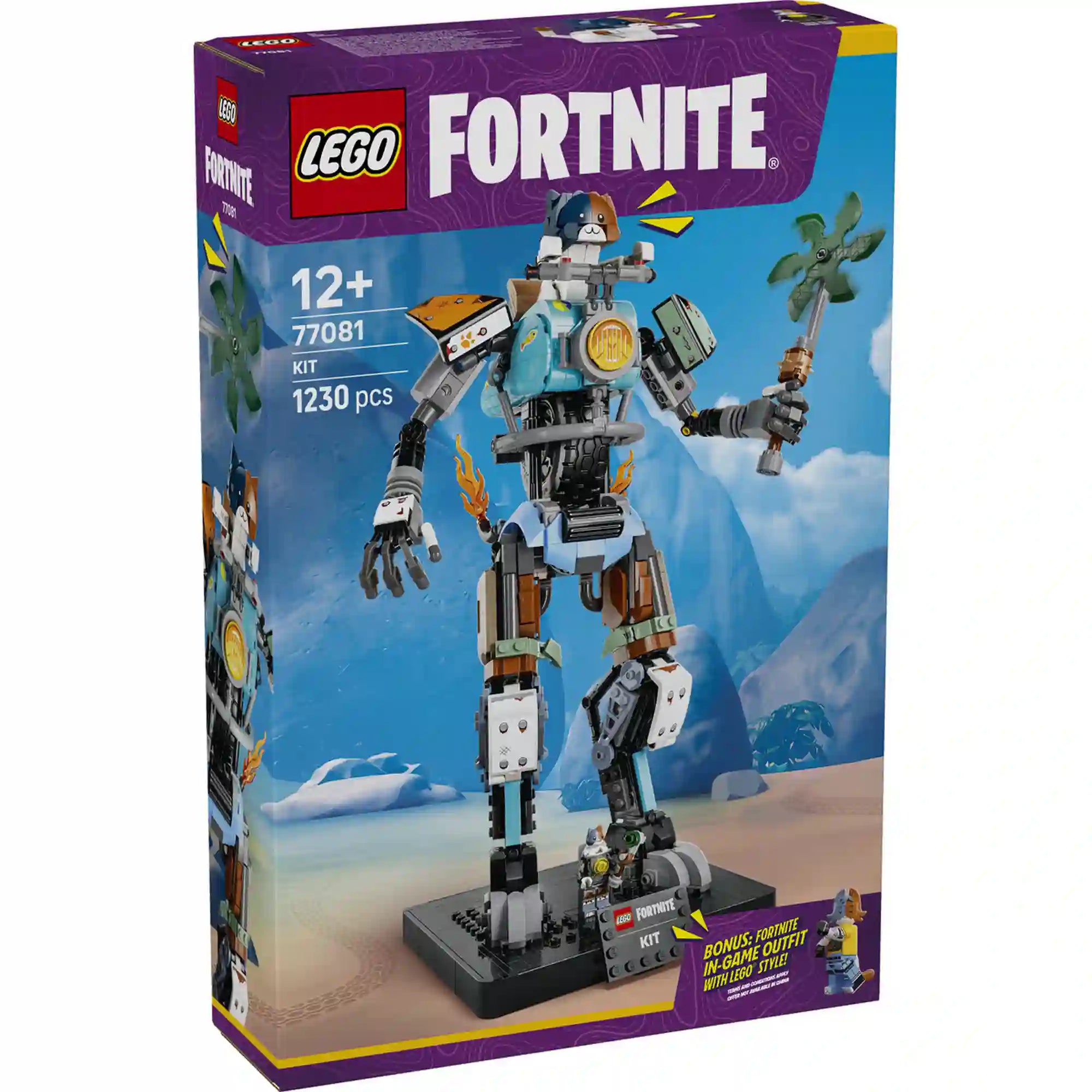 LEGO Fortnite KIT (77081) készlet dobozképe, 1230 elemes építőkészlettel, Fortnite karakterrel és exkluzív játékon belüli bónusz outfit tartalommal.