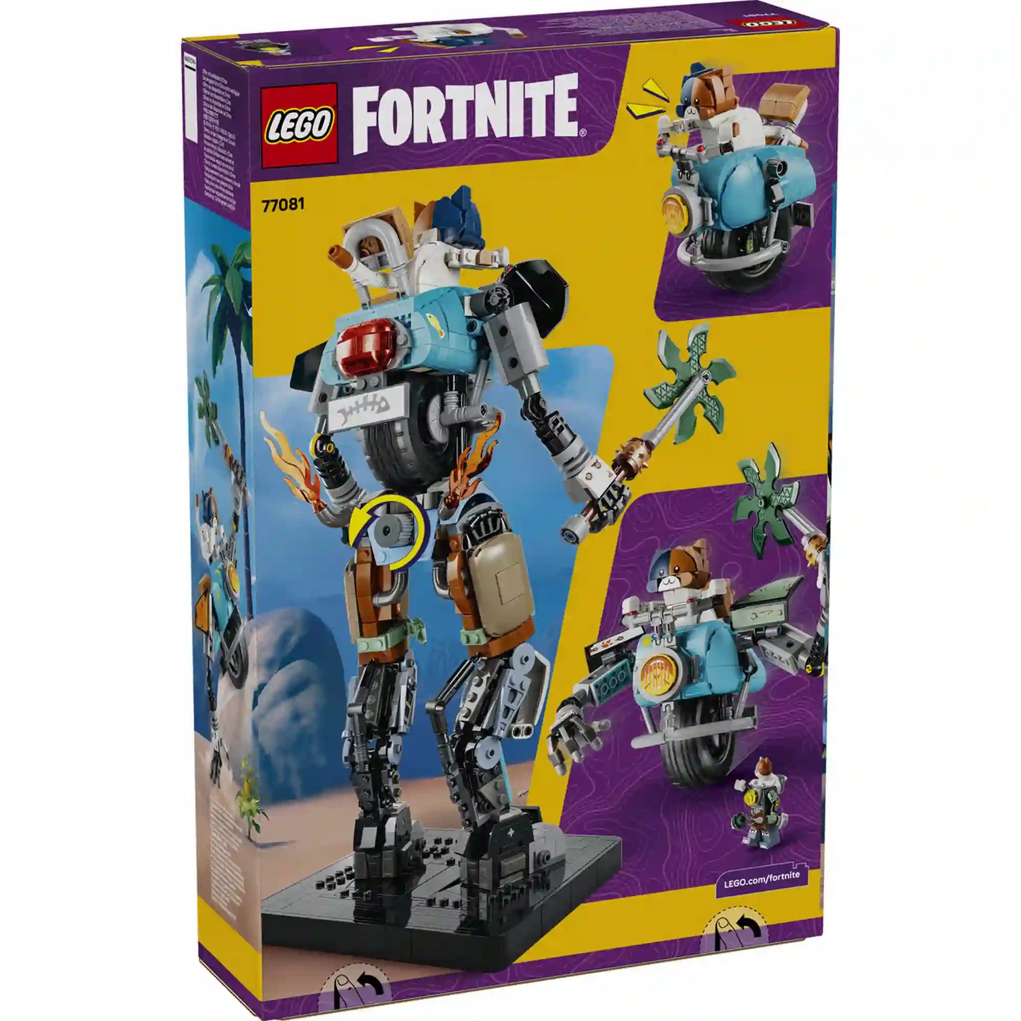 A LEGO Fortnite KIT (77081) készlet hátoldala, amely a robotfigura funkcióit, a mozgó kereket és az átalakítható elemeket mutatja be.