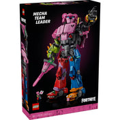 LEGO Fortnite Mecha Team Leader (77078) doboz, a színes robotkonstrukció és a minifigura látható a fekete háttér előtt.