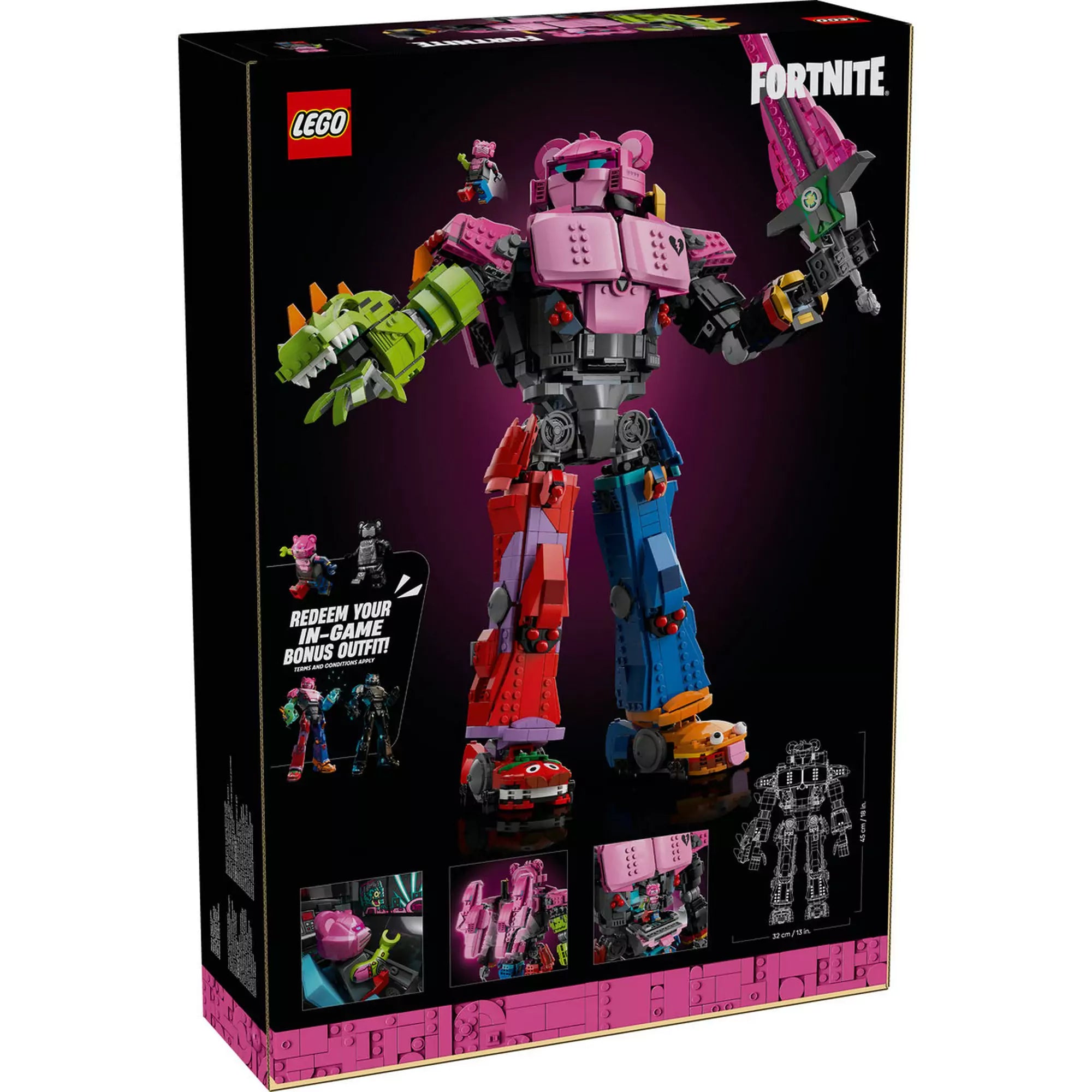 LEGO Fortnite Mecha Team Leader (77078) doboz hátlapja, a robot pózol karddal, valamint a részleteket és méreteket bemutató képek.