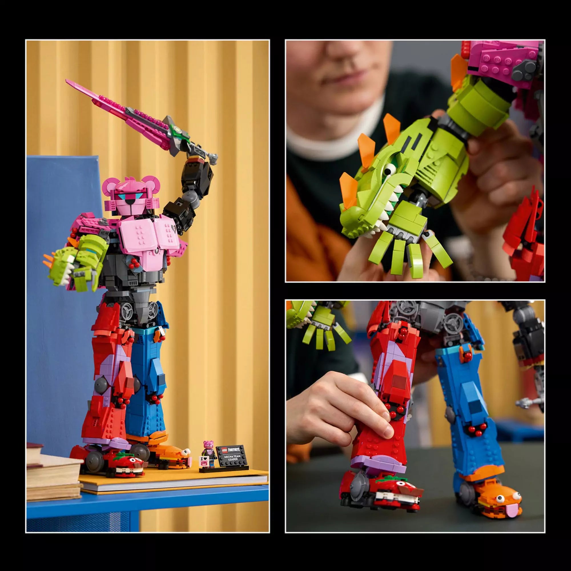 LEGO Fortnite Mecha Team Leader (77078) robot bemutató, mozgatható karokkal és lábakkal, valamint közelképek az állítható részekről.