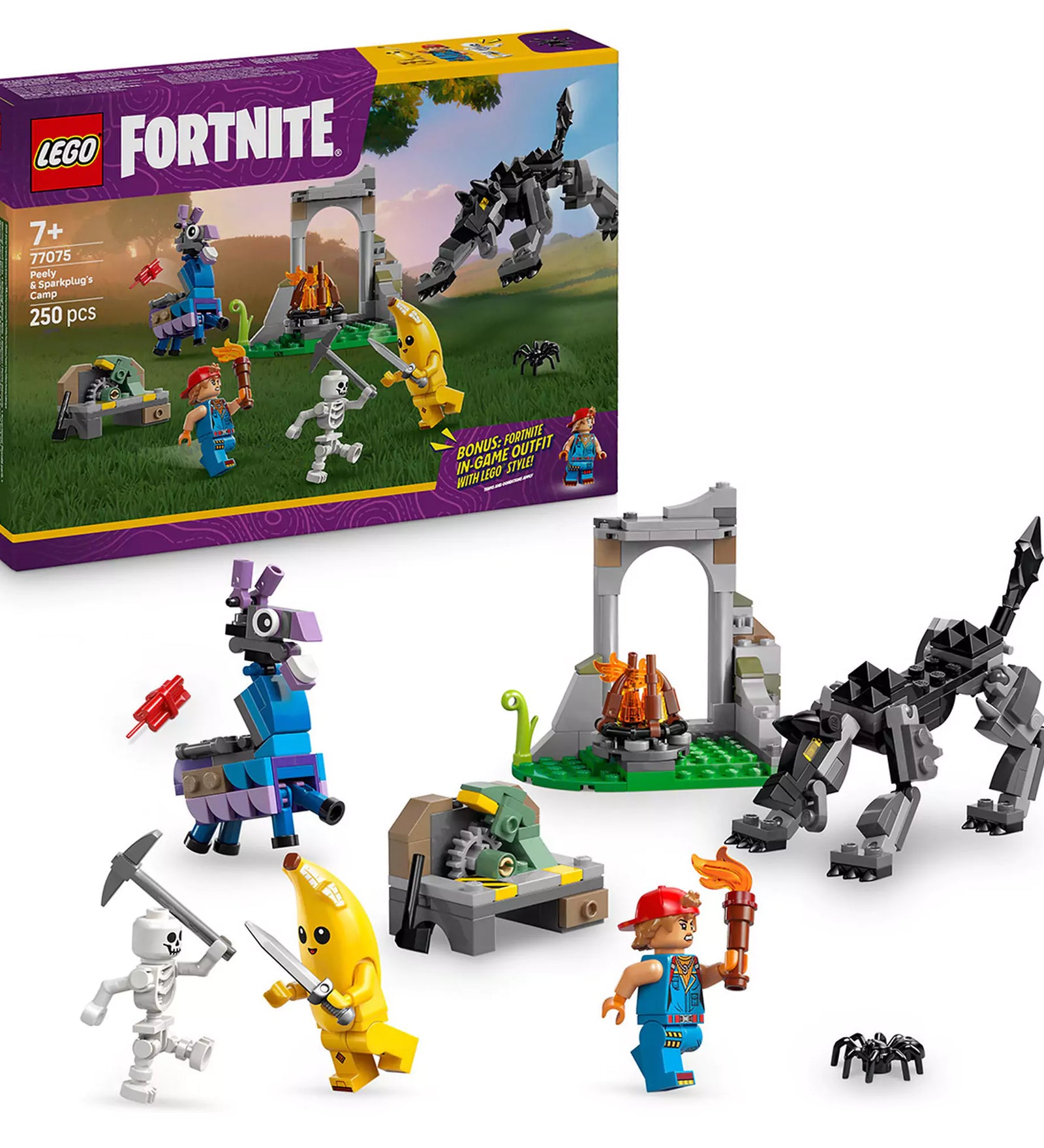 LEGO Fortnite Peely és Sparkplug tábora (77075) készlet teljes tartalma: minifigurák, farkas, tűzrakóhely és építmények.