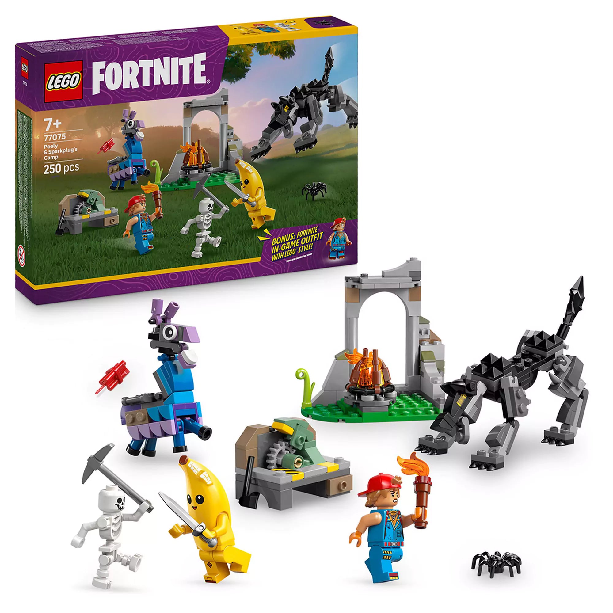 LEGO Fortnite Peely és Sparkplug tábora (77075) készlet teljes tartalma: minifigurák, farkas, tűzrakóhely és építmények.