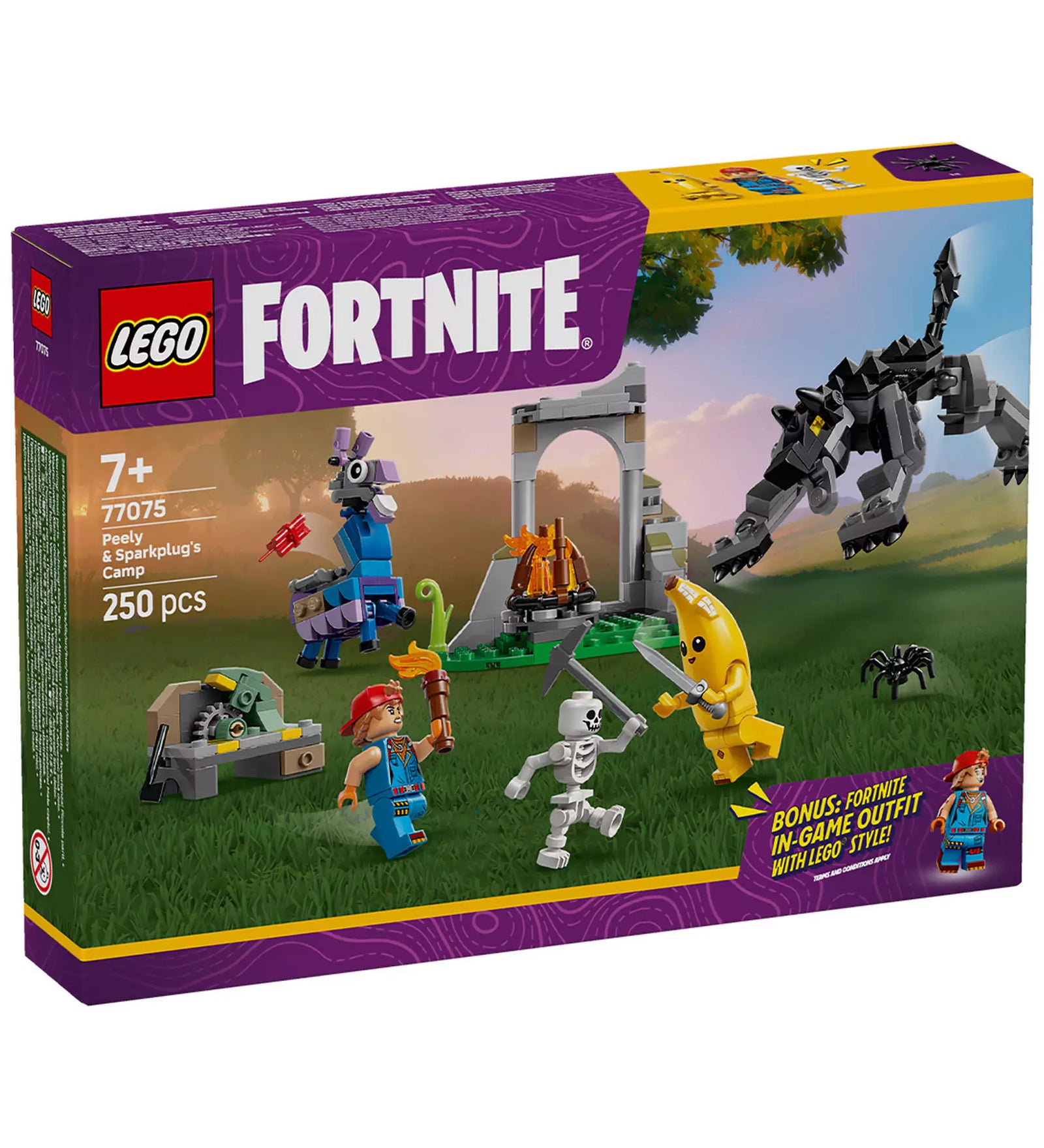 LEGO Fortnite Peely és Sparkplug tábora (77075) dobozkép, szereplőkkel, farkassal és pókkal.