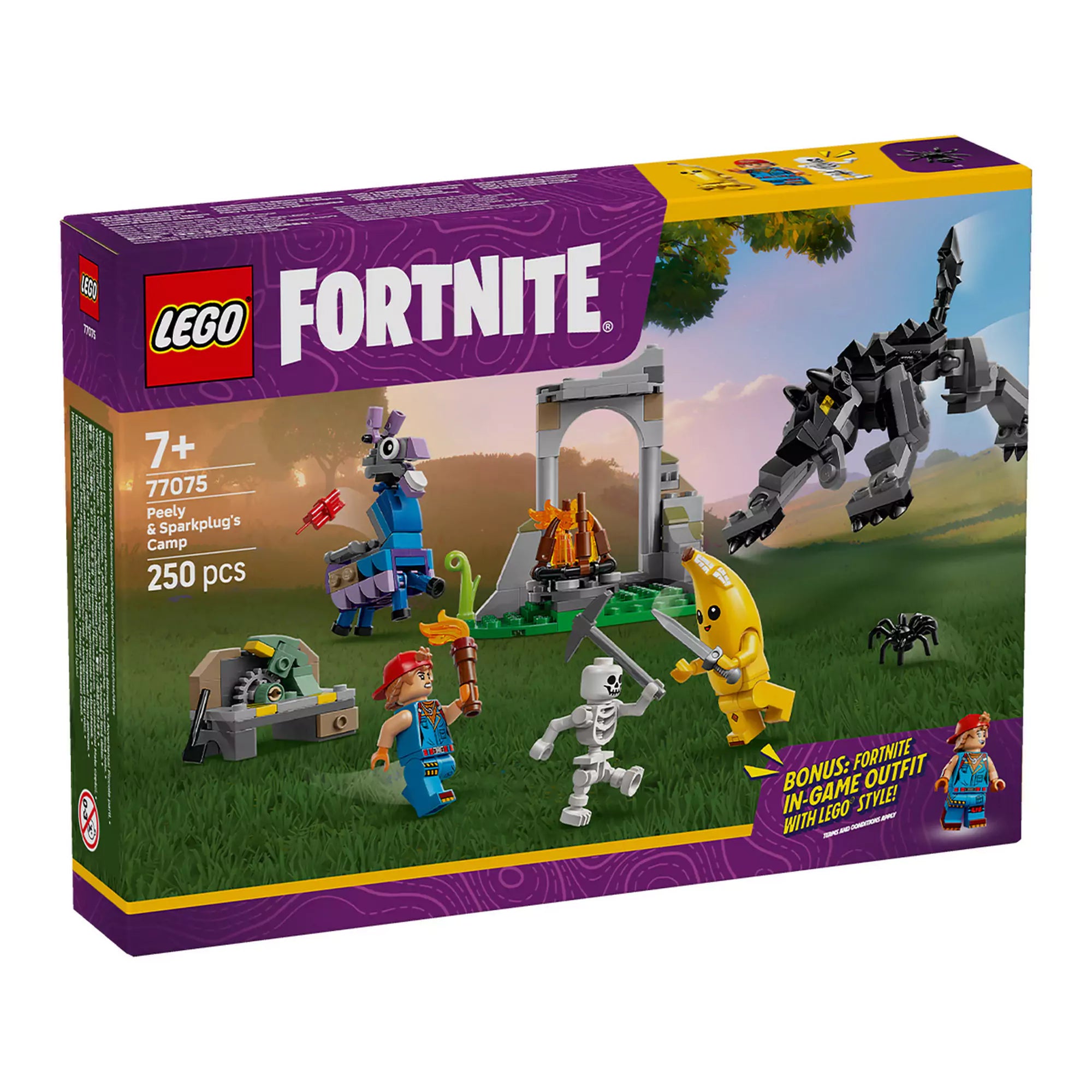 LEGO Fortnite Peely és Sparkplug tábora (77075) dobozkép, szereplőkkel, farkassal és pókkal.