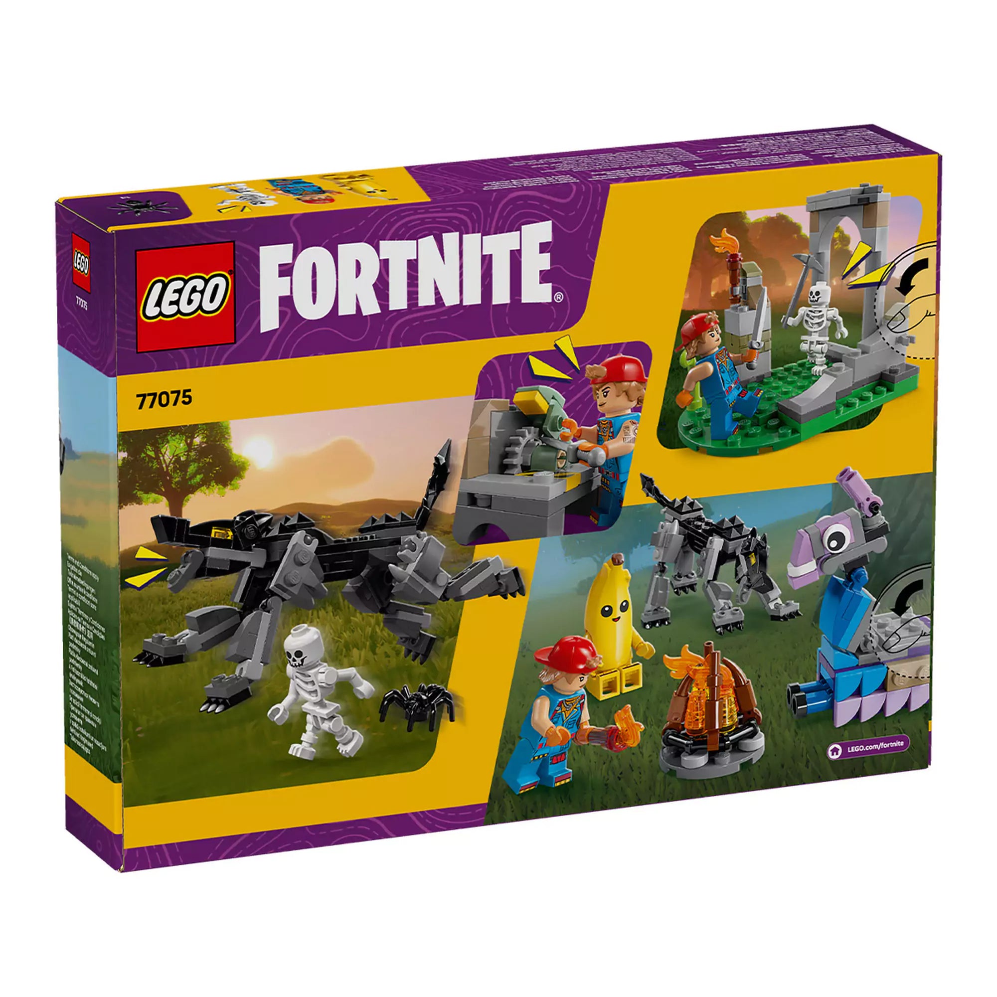 LEGO Fortnite Peely és Sparkplug tábora (77075) hátlap, különböző játékelemek és funkciók bemutatásával.