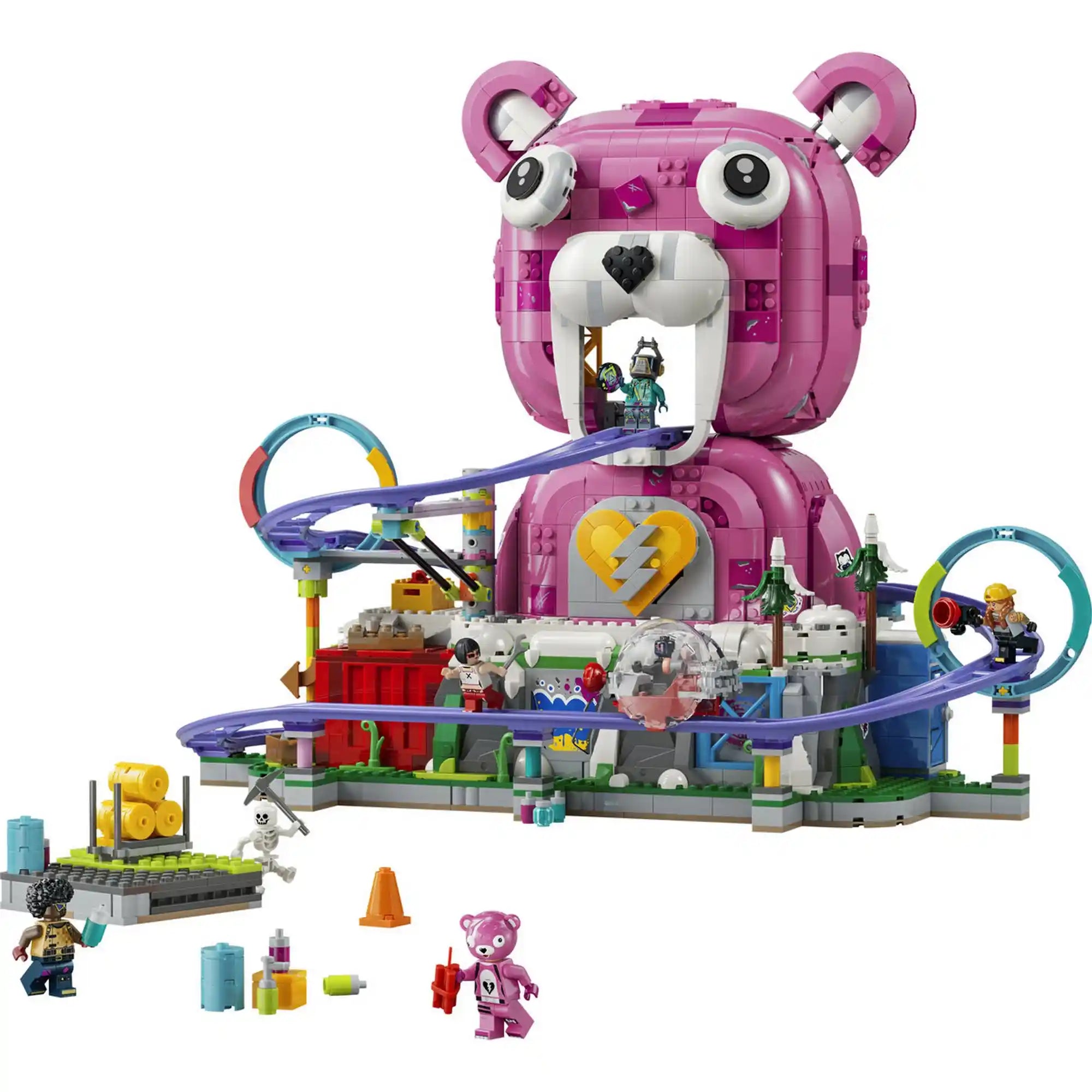 LEGO Fortnite Rave Cave (77082) épített modell hatalmas rózsaszín Cuddle Team Leader fejjel, hullámvasúttal és Fortnite minifigurákkal.