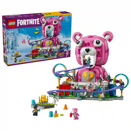 LEGO Fortnite Rave Cave készlet és doboza együtt, részletgazdag Fortnite pályával és Cuddle Team Leader építménnyel.