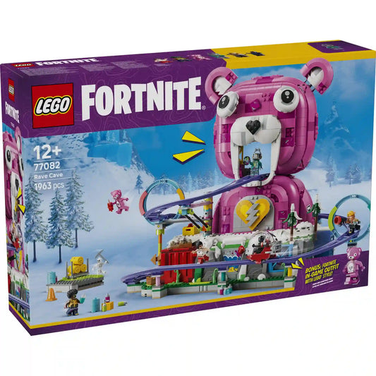 LEGO Fortnite Rave Cave (77082) dobozkép a teljes Fortnite helyszínnel, hullámvasúttal és exkluzív digitális bónusszal.
