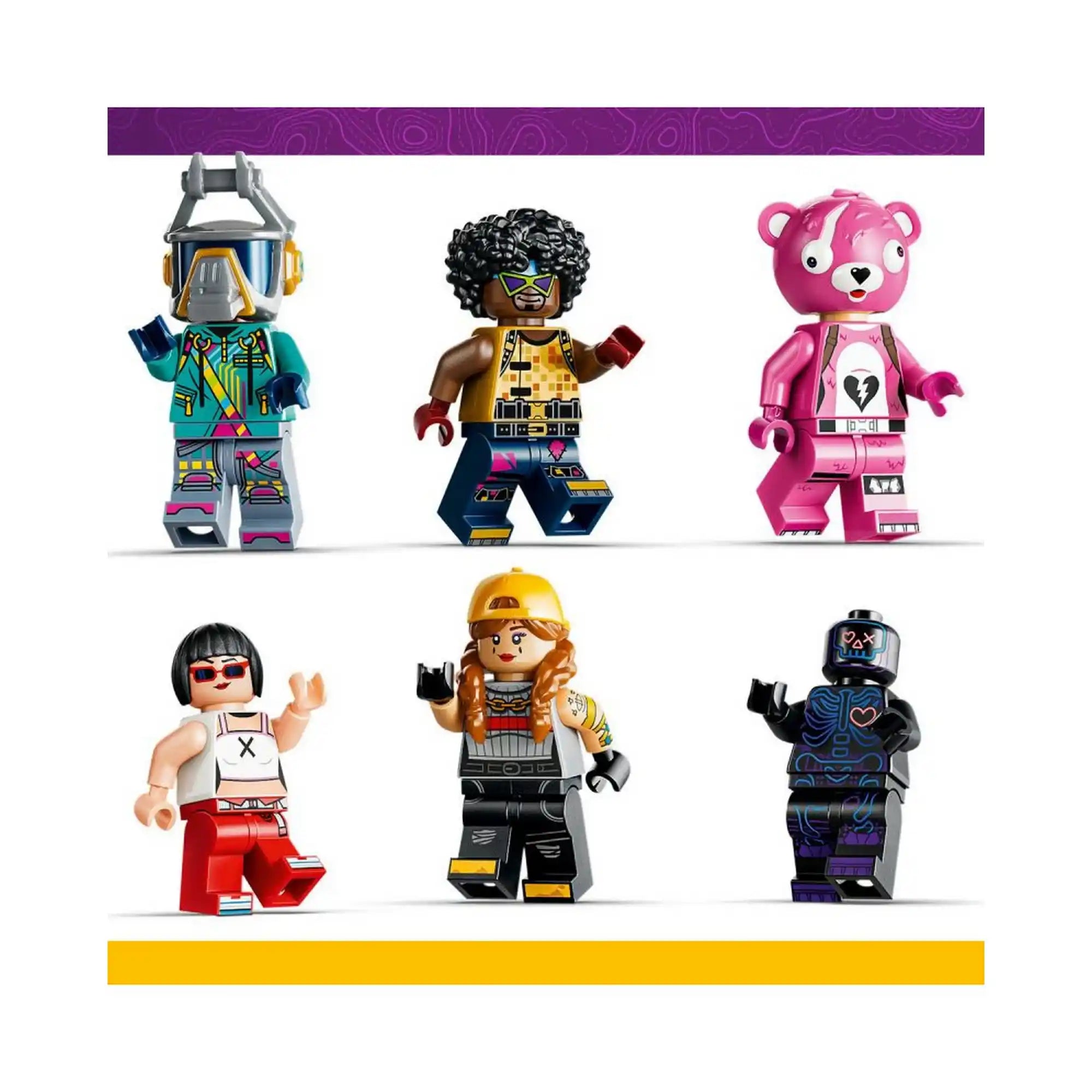 LEGO Fortnite Rave Cave (77082) minifigurái: Evie, Funk Ops, Cuddle Team Leader, Aura, DJ Yonder és Party Trooper.