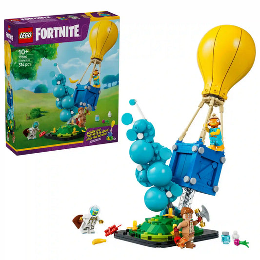 LEGO® Fortnite® Supply Drop (77080) készlet doboza és megépített ellátmánydoboz modellje sárga léggömbbel, kék ládával és Fortnite minifigurákkal.