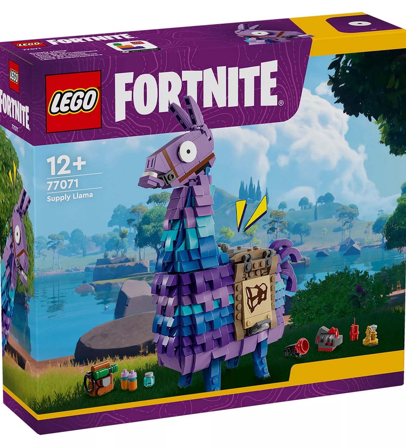 A LEGO Fortnite: Supply Llama (77041) doboza, amely a híres, lila és kék színekben pompázó láma modellt ábrázolja. A dobozon jól látható a Fortnite logó és a 12+ korosztály jelölése, valamint a kiegészítő elemek, mint a hátizsák és az italok.