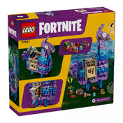 A LEGO Fortnite Supply Llama (77041) készlet dobozának hátoldala, több játékszituációval és részlettel. A képeken látható a láma mozgatható feje, nyitható teste és a játékhoz tartozó apró kiegészítők.