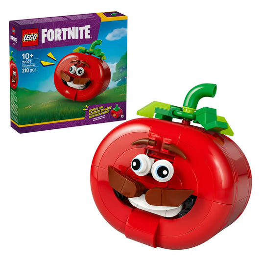 LEGO Fortnite Tomatohead (77079) készlet doboza és a megépített paradicsomfej figura, amely a Fortnite játék ikonikus Tomatohead karakterét ábrázolja.