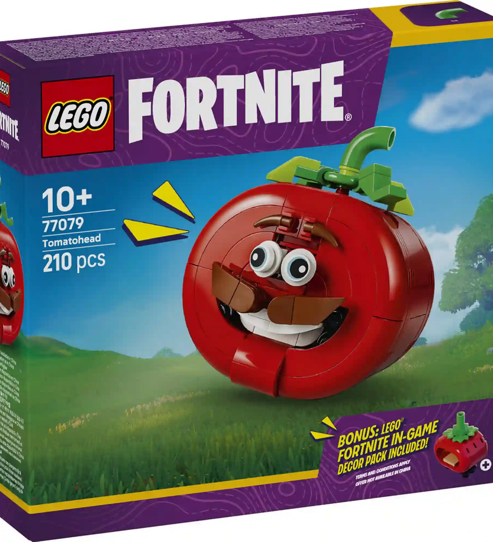 LEGO Fortnite Tomatohead készlet dobozképe, 210 elemes gamer építőkészlettel és exkluzív Fortnite játékon belüli bónusszal.