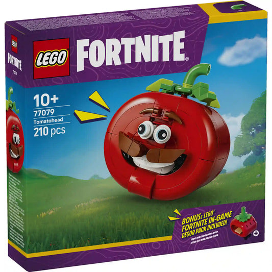 LEGO Fortnite Tomatohead készlet dobozképe, 210 elemes gamer építőkészlettel és exkluzív Fortnite játékon belüli bónusszal.
