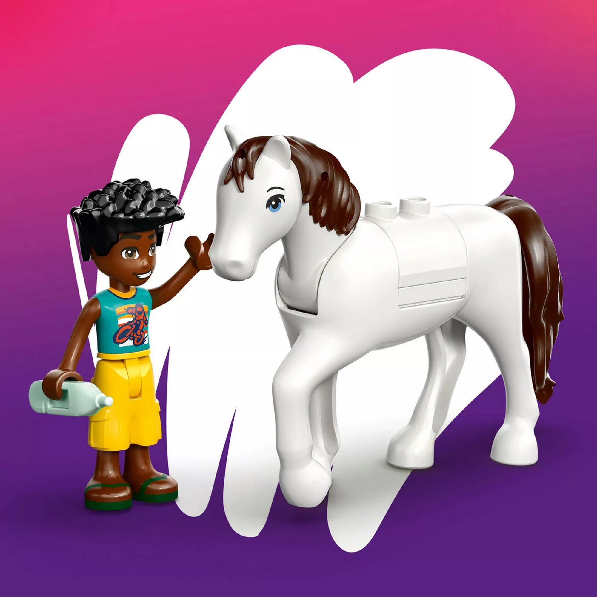 LEGO Friends ló figura ápolása játék közben, Zac figura kefével és itatóval, állatos szerepjáték jelenet
