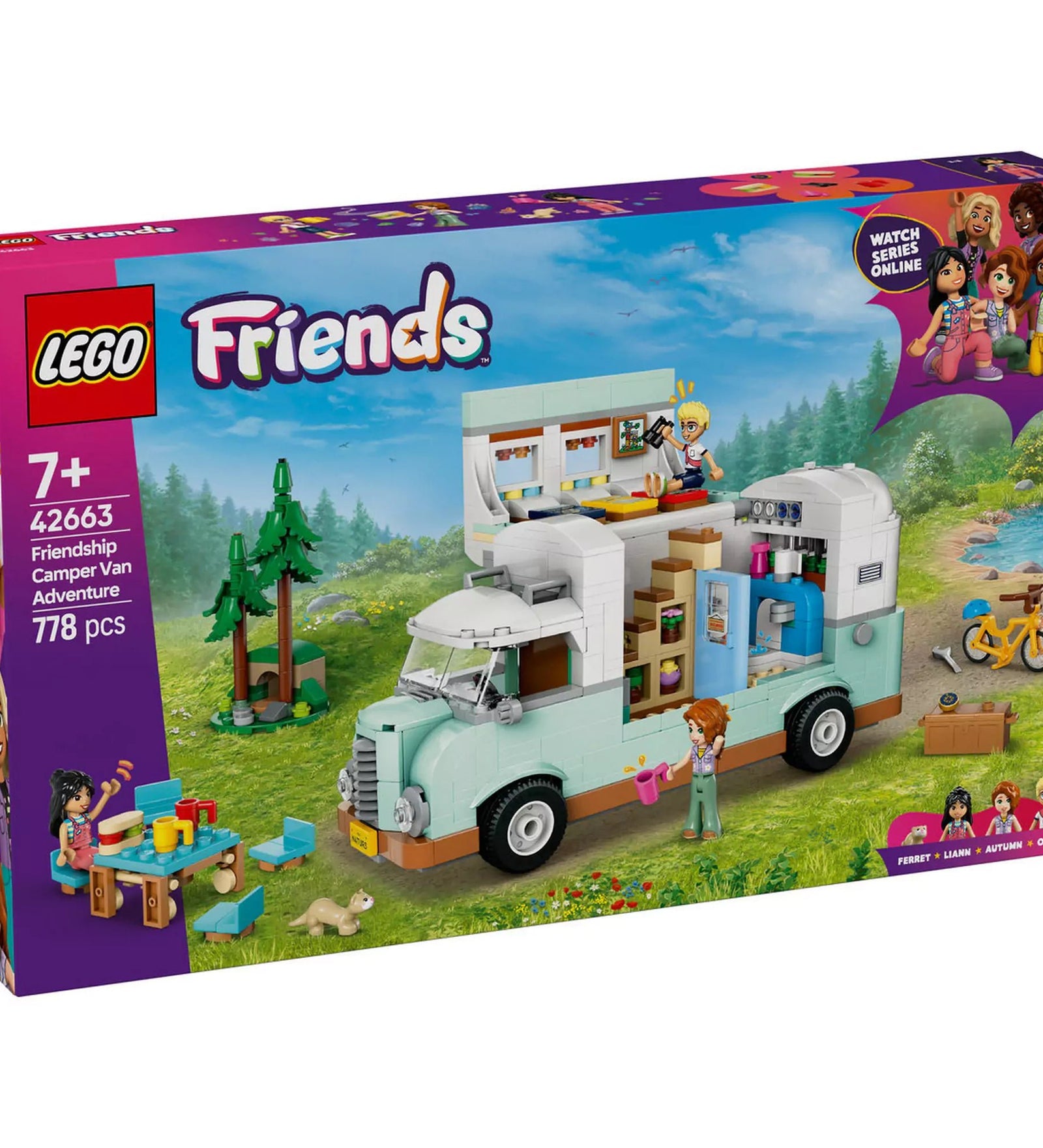 LEGO Friends: Barátság lakóautós kaland (42663) dobozkép, a kempingező lakóautóval, minifigurákkal és kiegészítőkkel zöld erdei háttér előtt.