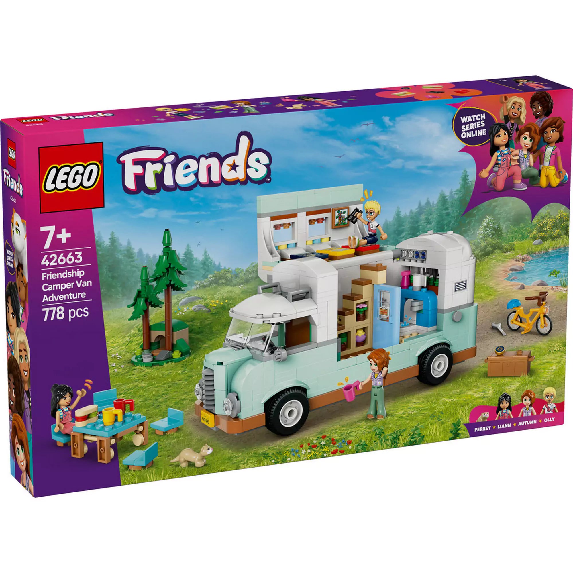 LEGO Friends: Barátság lakóautós kaland (42663) dobozkép, a kempingező lakóautóval, minifigurákkal és kiegészítőkkel zöld erdei háttér előtt.