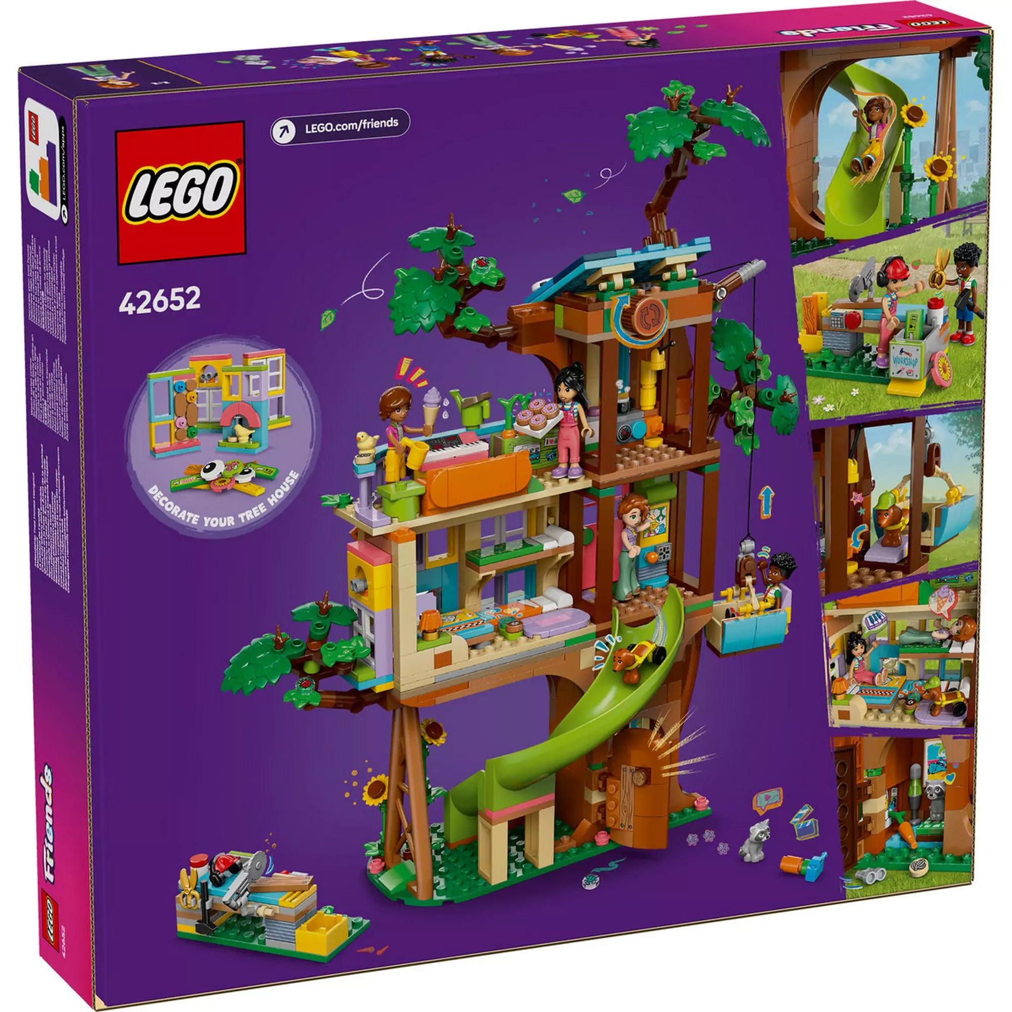 LEGO Friends Barátság lombház találkahely 42652 hátoldala – A szett részletes hátoldala bemutatja a játék különleges funkcióit és elemeit.