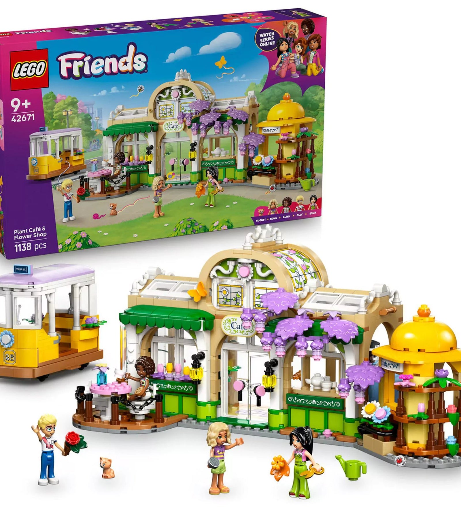 LEGO Friends: Botanikus kávéház és virágbolt (42671) doboz és megépített modell egy képen, minifigurákkal és kreatív, virágos jelenettel.