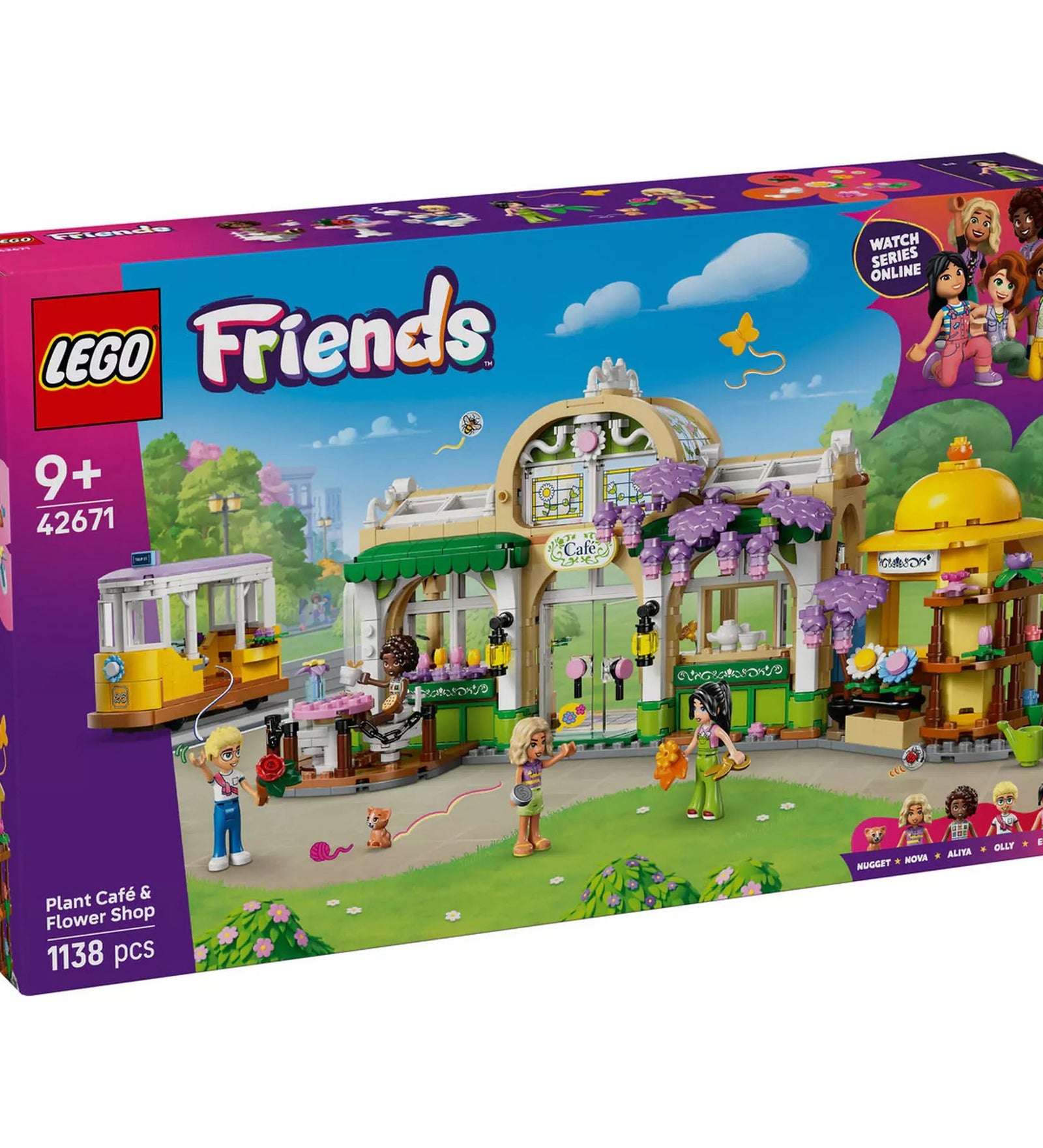 LEGO Friends: Botanikus kávéház és virágbolt (42671) dobozkép, a színes kávézóval, virágbolttal, villamossal és minifigurákkal zöld parkos háttérben.