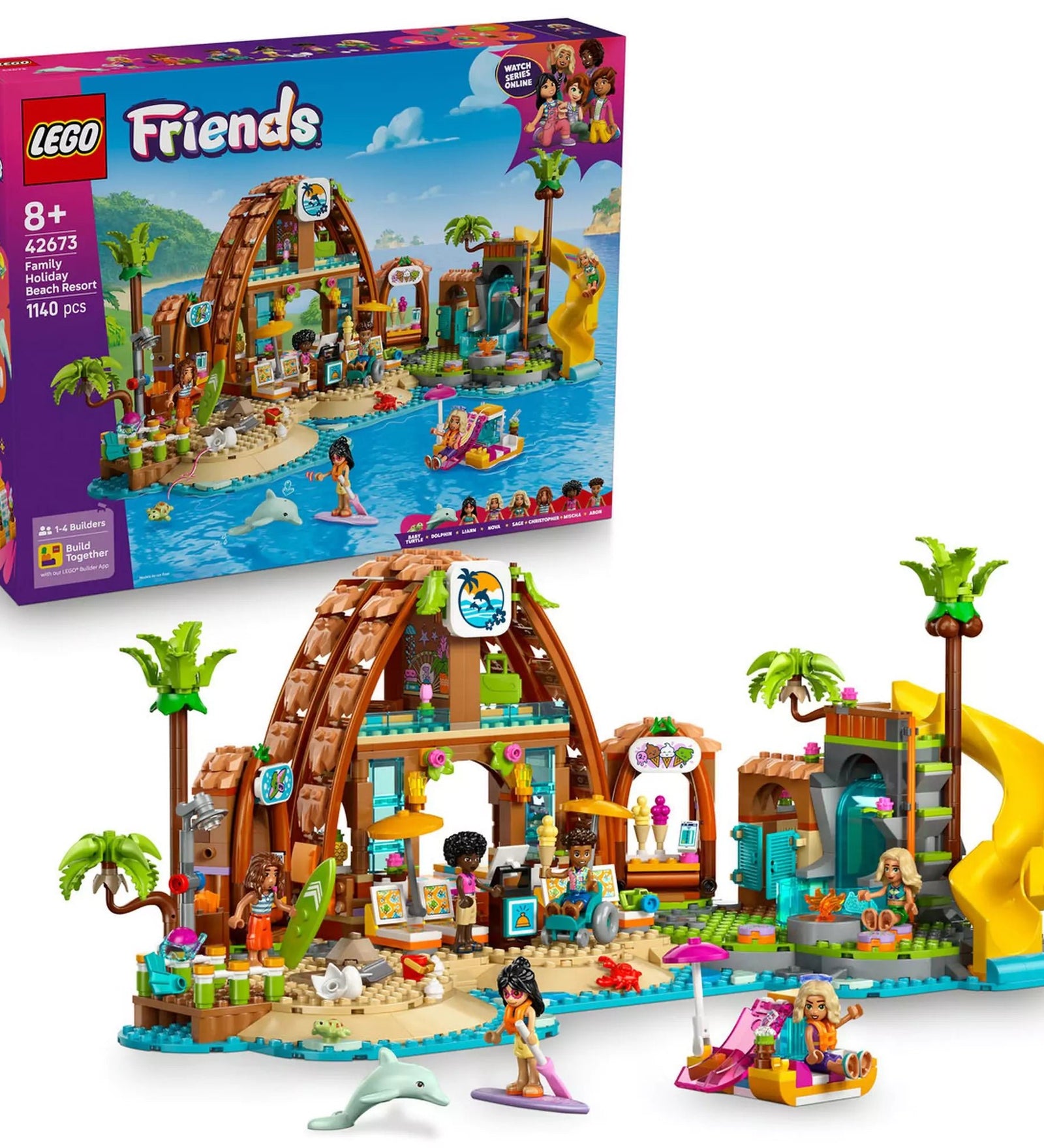 LEGO Friends: Családi vakáció a tengerparti nyaralóban (42673) doboz és a megépített nyaralókészlet csúszdával, figurákkal és delfinnel.