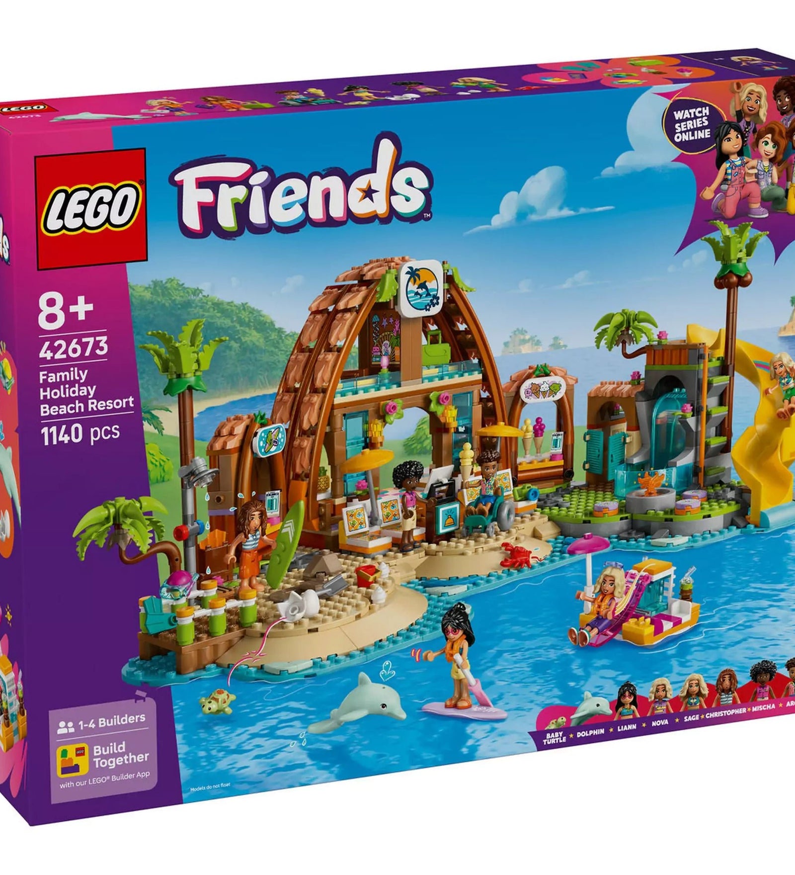 LEGO Friends: Családi vakáció a tengerparti nyaralóban (42673) doboz, 1140 darabos készlet tengerparti üdülővel, delfinnel és minifigurákkal.