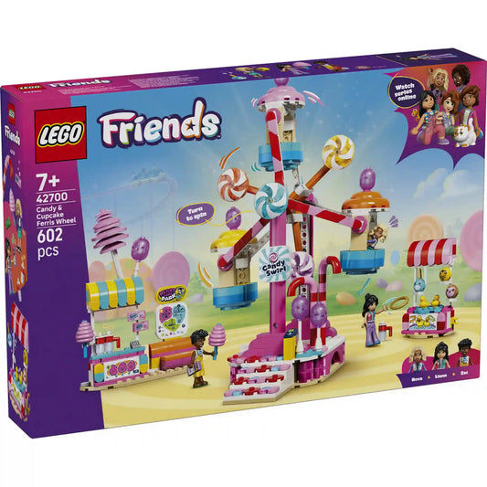 LEGO Friends: Cukorkával és muffinnal díszített óriáskerék 42700, 602 darabos készlet dobozképe a színes cukorkatémájú óriáskerékkel, árusító standokkal és LEGO Friends karakterekkel.