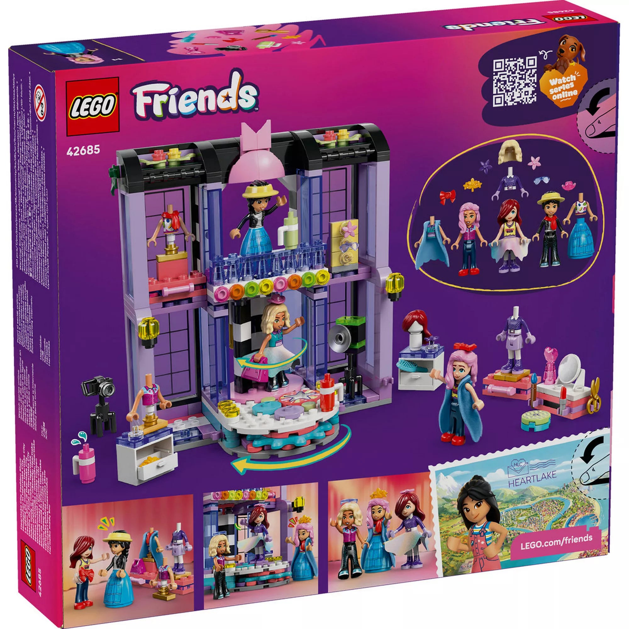 LEGO Friends Heartlake City divatbemutató (42685) dobozának hátoldala, a játéklehetőségek bemutatásával, cserélhető ruhákkal, forgó kifutóval és sminkasztallal.