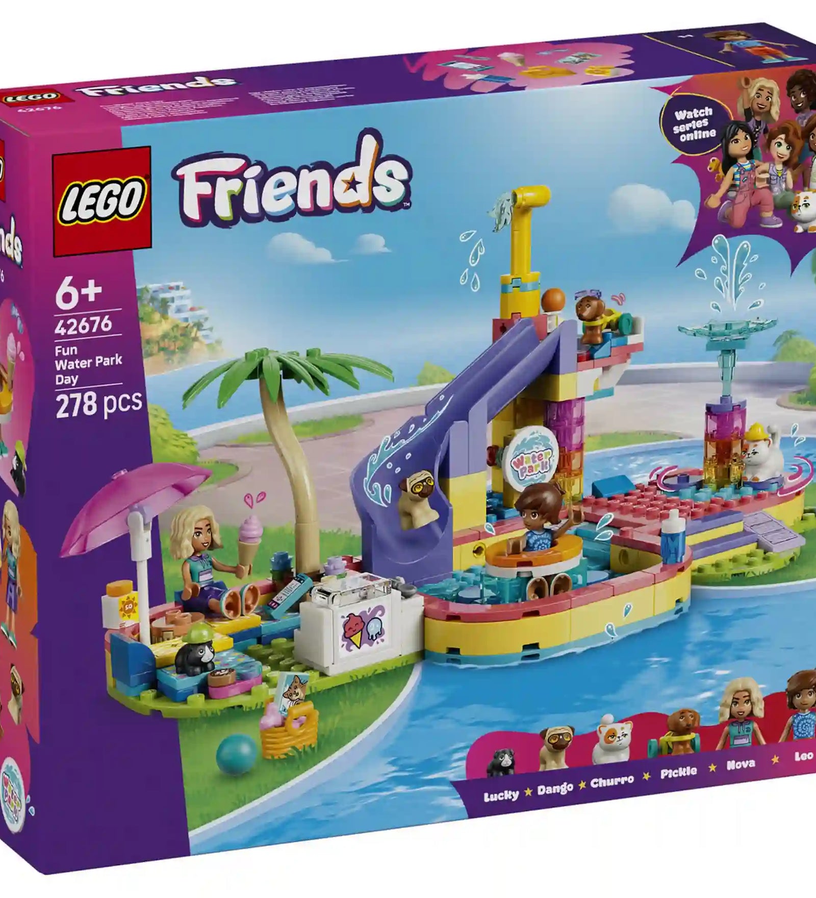 LEGO Friends Egy vidám nap az aquaparkban 42676 építőkészlet csomagolása 278 elemmel, Novával, Leóval és négy házi kedvenccel.