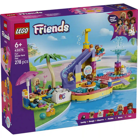 LEGO Friends Egy vidám nap az aquaparkban 42676 építőkészlet csomagolása 278 elemmel, Novával, Leóval és négy házi kedvenccel.
